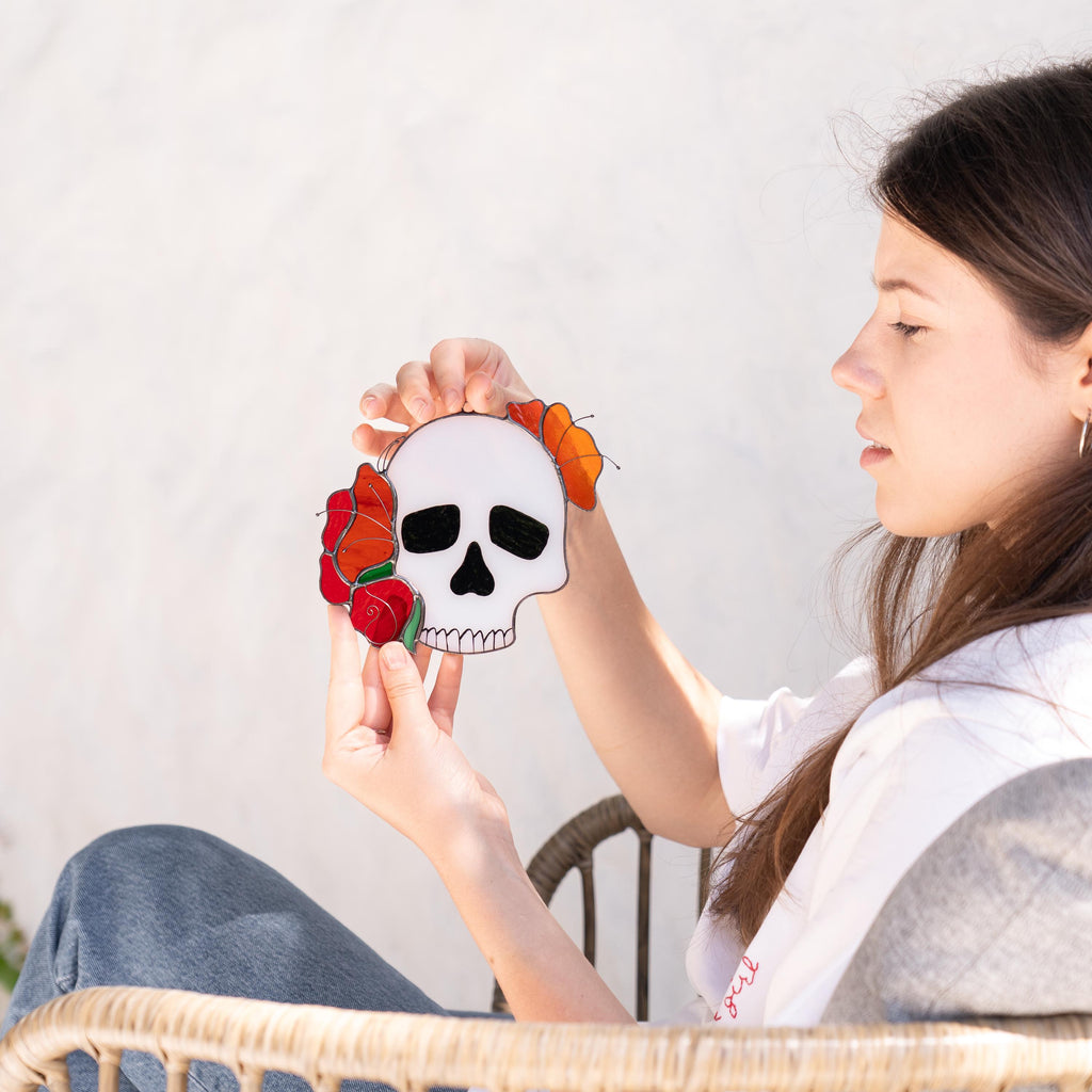 Halloween suncatcher Skull stained glass window hangings Halloween gothic home decor Halloween ornament Rose fall artwork