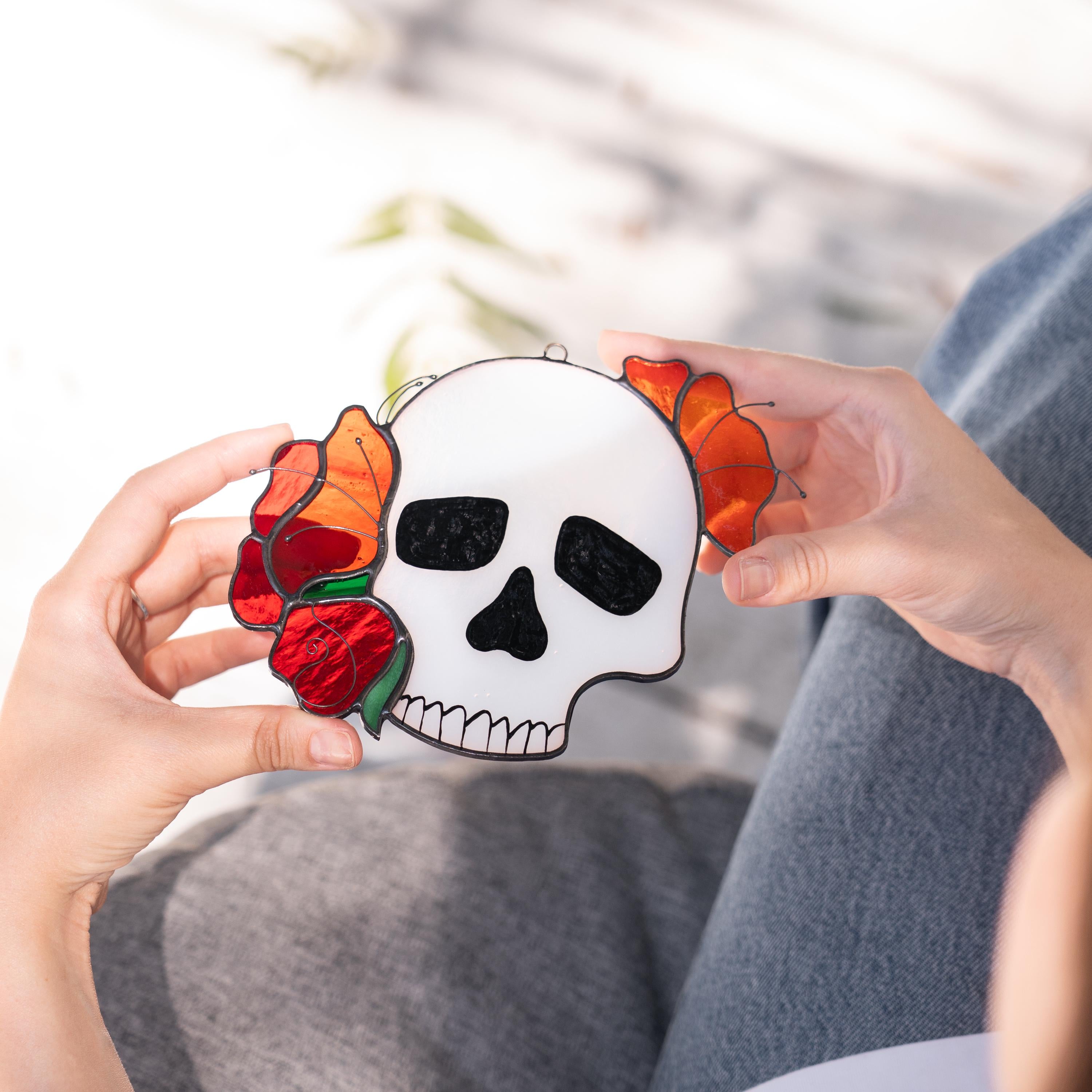 Halloween suncatcher Skull stained glass window hangings Halloween gothic home decor Halloween ornament Rose fall artwork