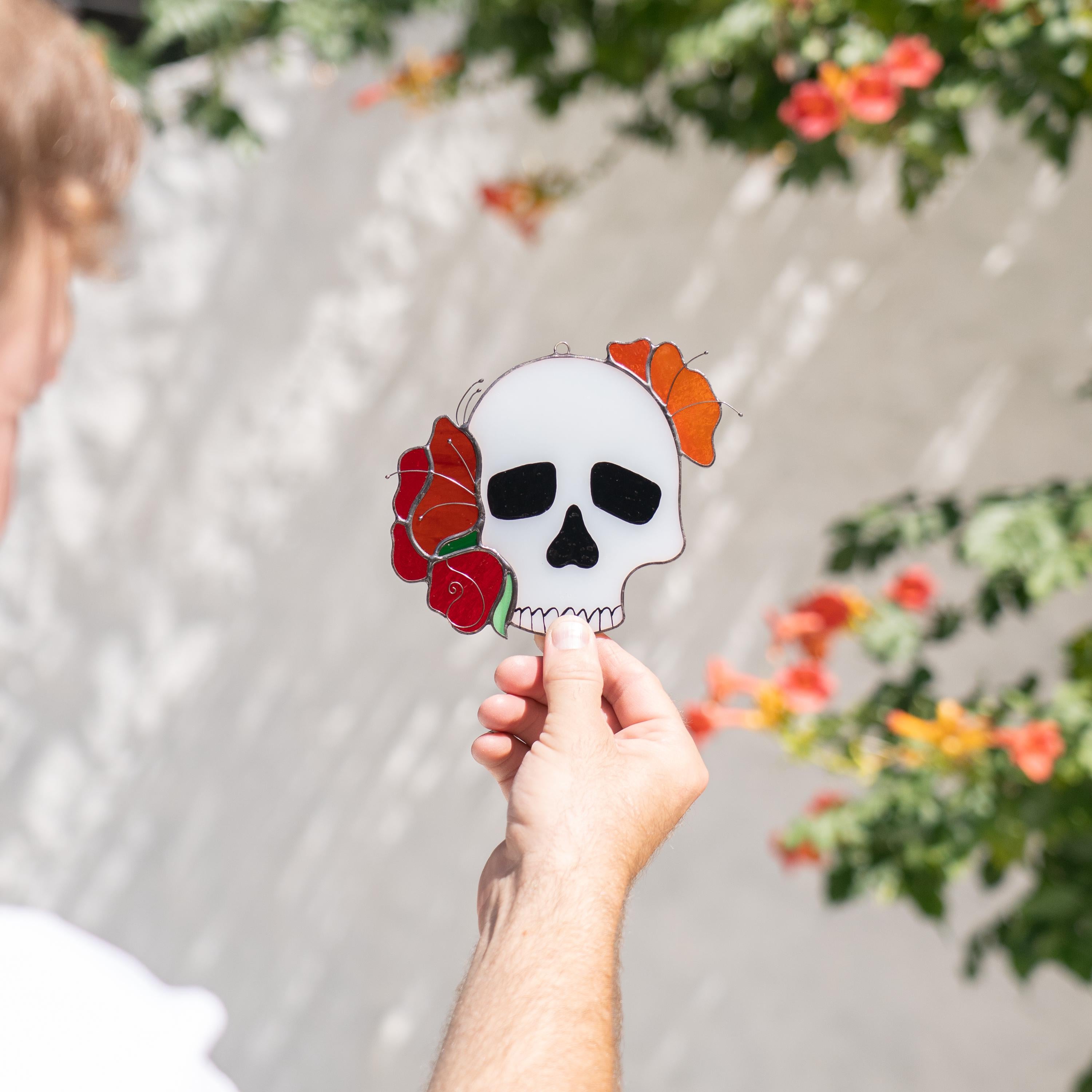 Halloween suncatcher Skull stained glass window hangings Halloween gothic home decor Halloween ornament Rose fall artwork