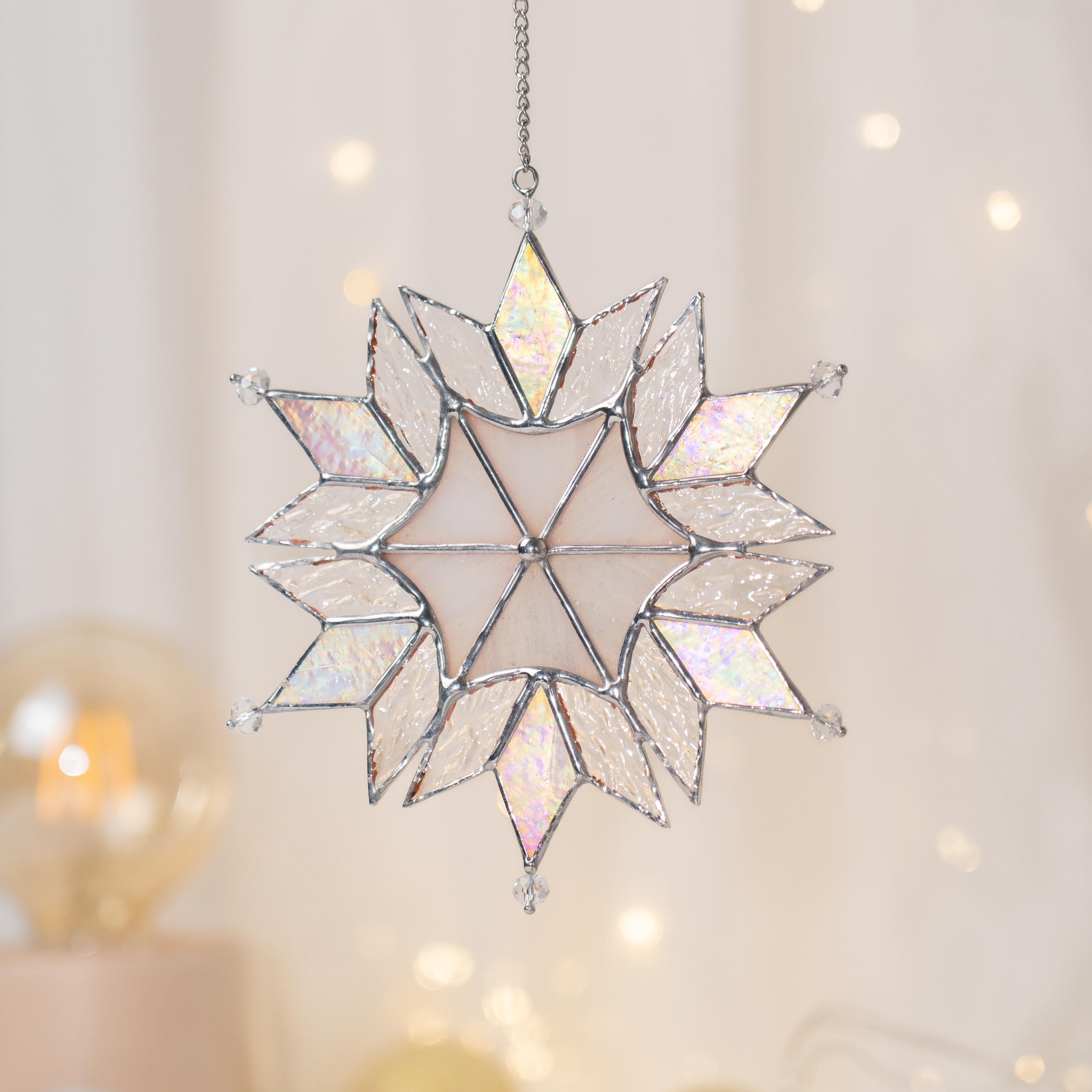 Custom stained glass ornament Holiday hosting decor Stained glass snowflake suncatcher Modern stained glass window hangings