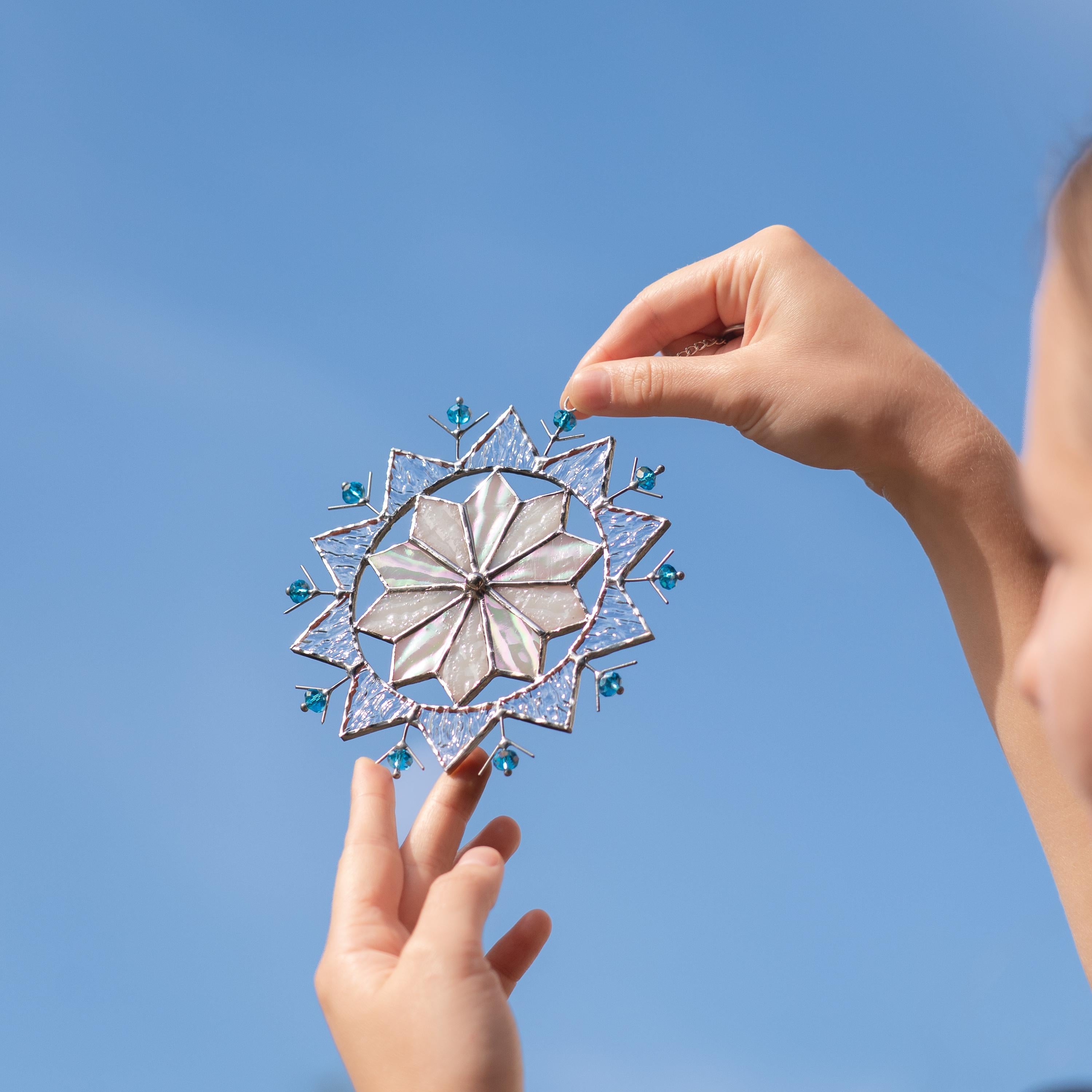 Snowflakes stained glass sun catchers Grandparent gifts for Christmas Snowflake art stained glass window hangings Handmade Christmas gift
