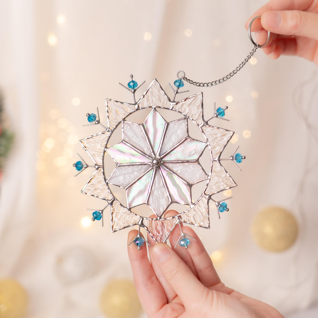 Christmas vacation decor Snowflake ornament Custom stained glass window hangings Snowflake art Modern stained glass snowflake suncatcher
