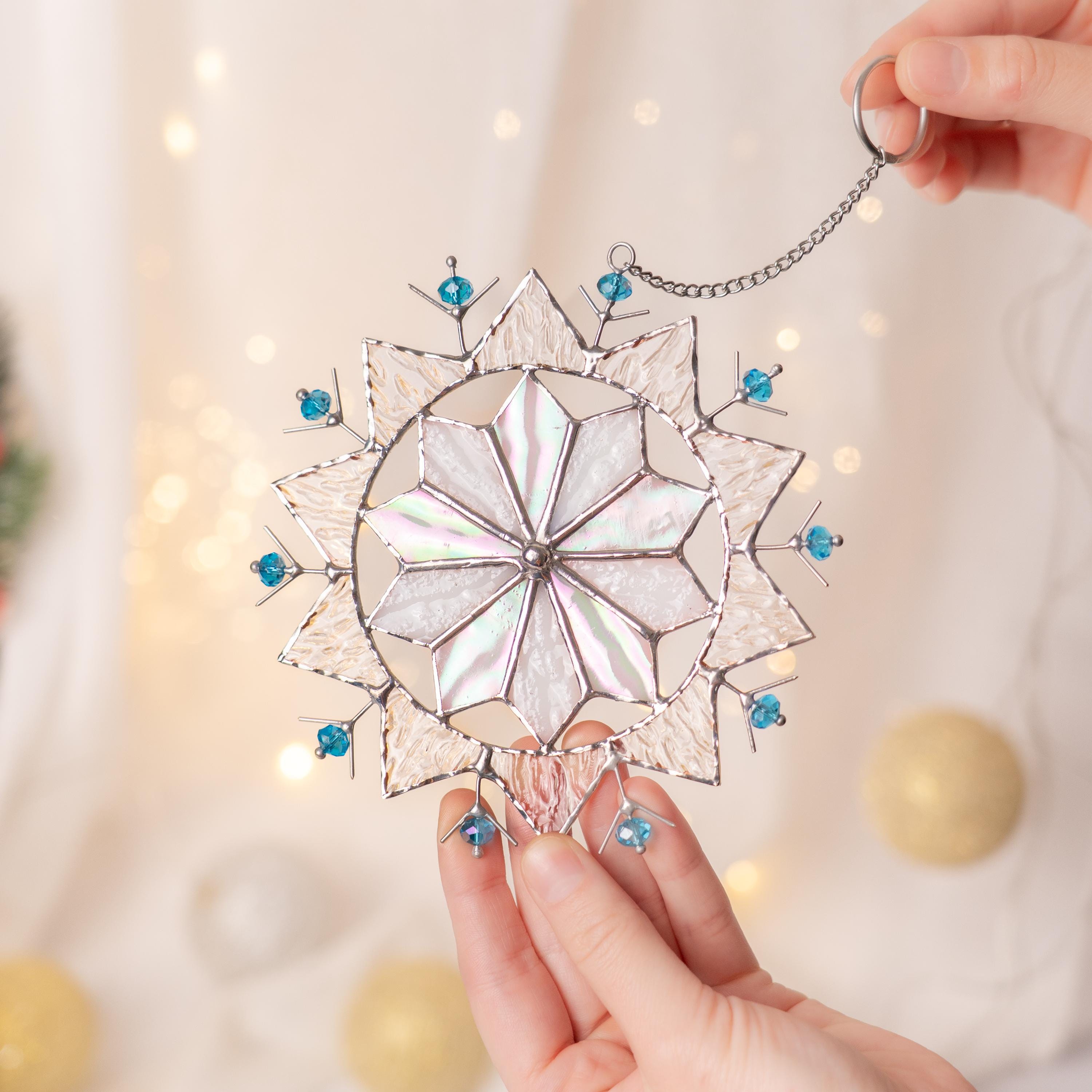 Snowflakes stained glass sun catchers Grandparent gifts for Christmas Snowflake art stained glass window hangings Handmade Christmas gift