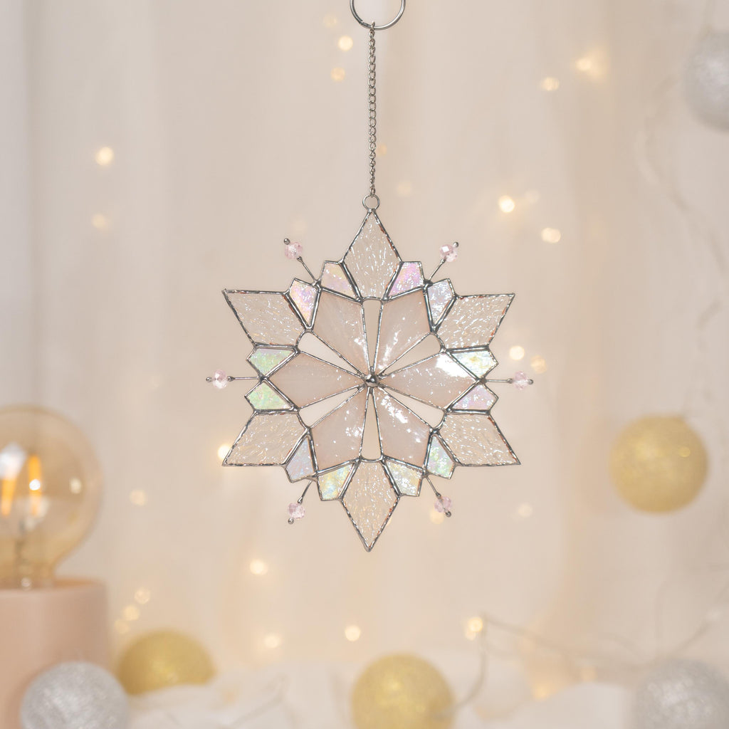Stained glass ornament Snowflake suncatcher Christmas gift Custom stained glass window hangings Holiday hosting decor