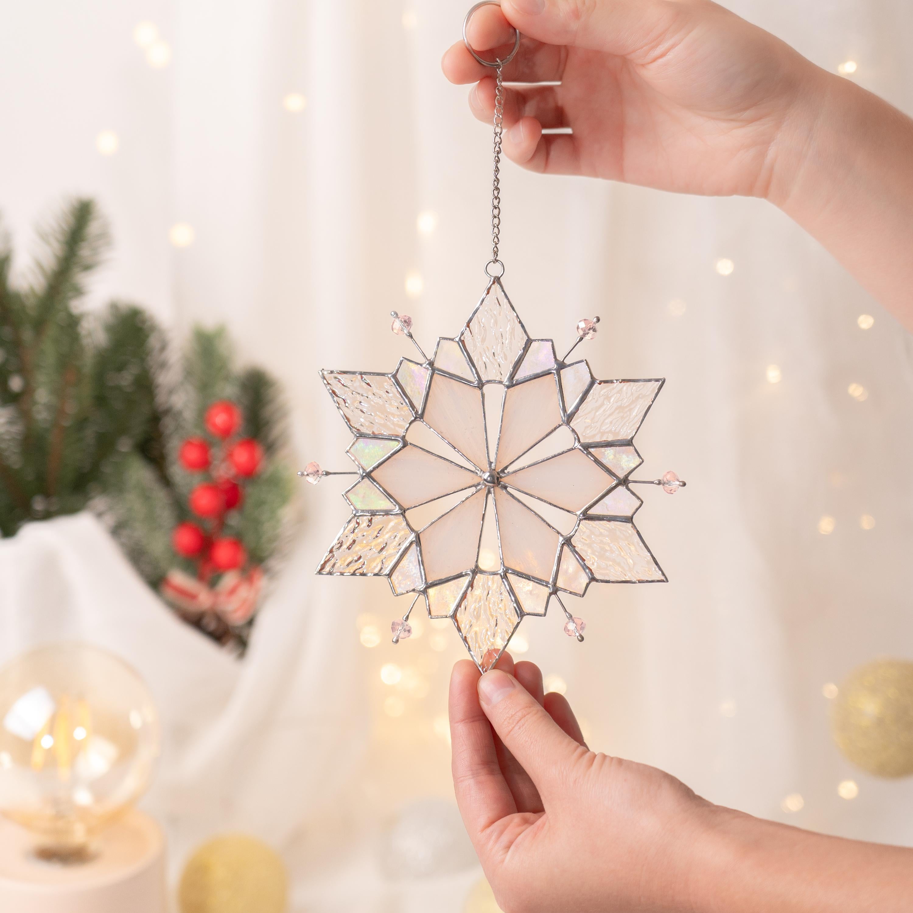 Stained glass ornament Snowflake suncatcher Christmas gift Custom stained glass window hangings Holiday hosting decor