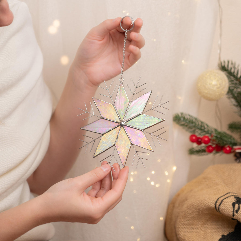 Snowflakes stained glass window hangings Christmas gifts ideas Winter decor stained glass sun catcher Handmade product Christmas decoration