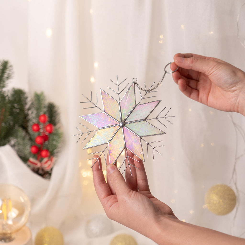 Snowflakes stained glass window hangings Christmas gifts ideas Winter decor stained glass sun catcher Handmade product Christmas decoration