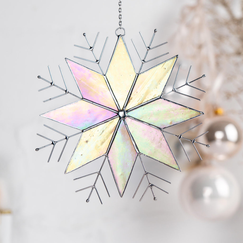 Snowflakes stained glass window hangings Christmas gifts ideas Winter decor stained glass sun catcher Handmade product Christmas decoration