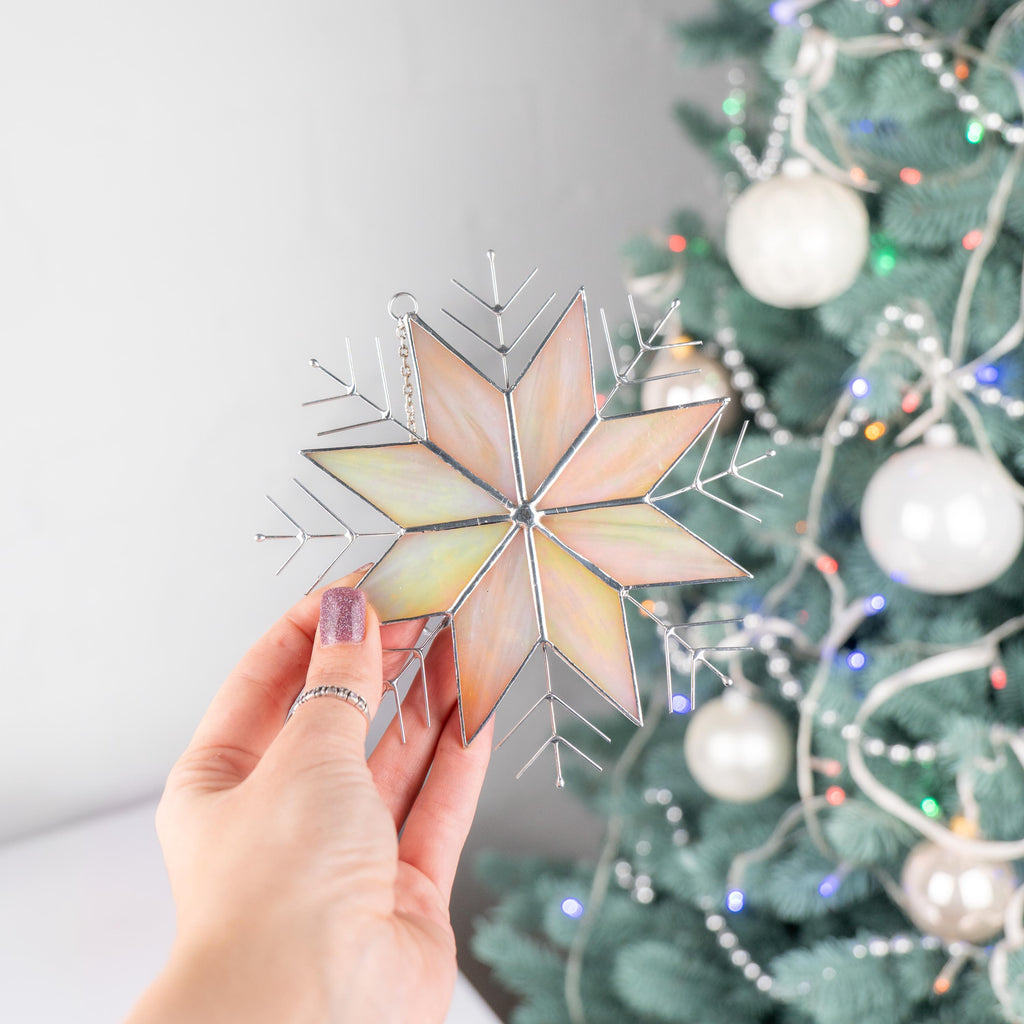 Snowflakes stained glass window hangings Christmas gifts ideas Winter decor stained glass sun catcher Handmade product Christmas decoration