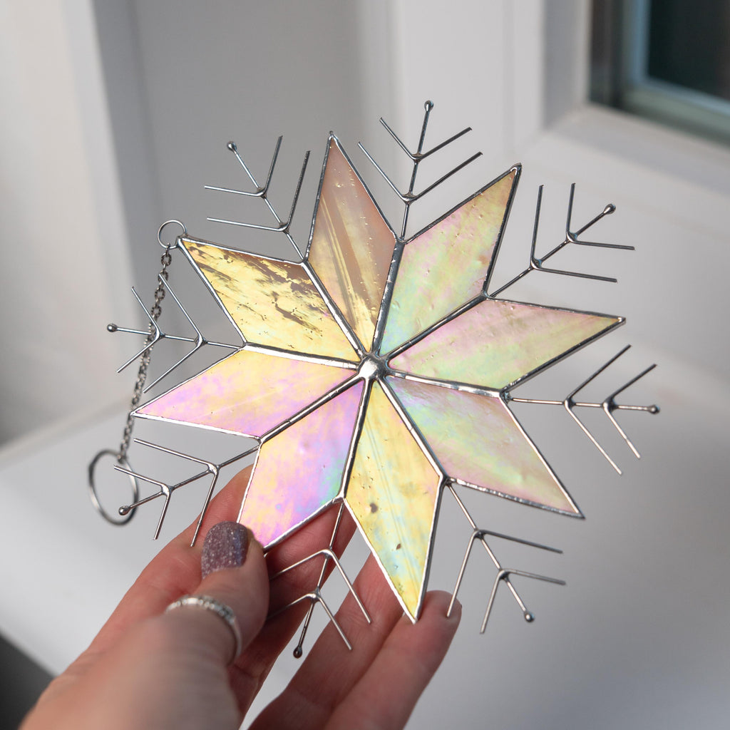 Snowflakes stained glass window hangings Christmas gifts ideas Winter decor stained glass sun catcher Handmade product Christmas decoration