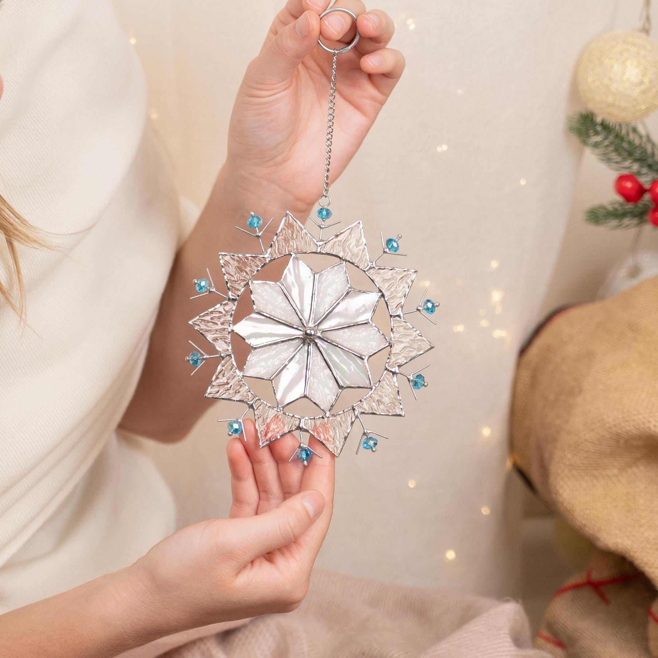 Snowflakes stained glass sun catchers Grandparent gifts for Christmas Snowflake art stained glass window hangings Handmade Christmas gift