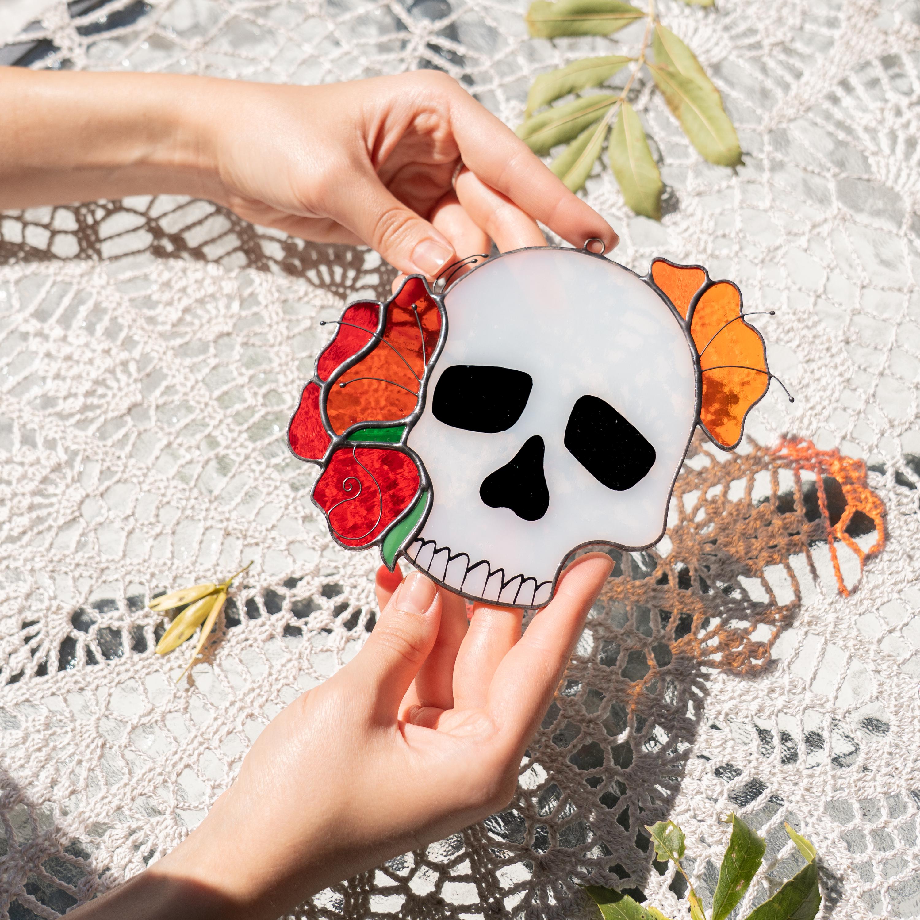 Skull stained glass Halloween suncatcher Autumn style gift Halloween decor indoor stained glass window hangings Skeleton autumn decor