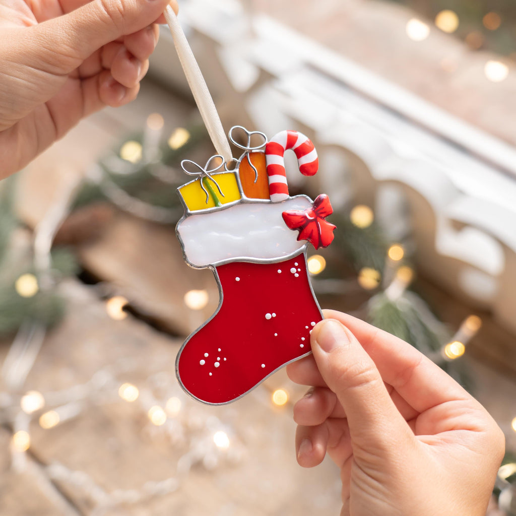 Christmas stocking stained glass sun catcher Granddaughter gifts Christmas socks stained glass window hangings Holiday hosting decor