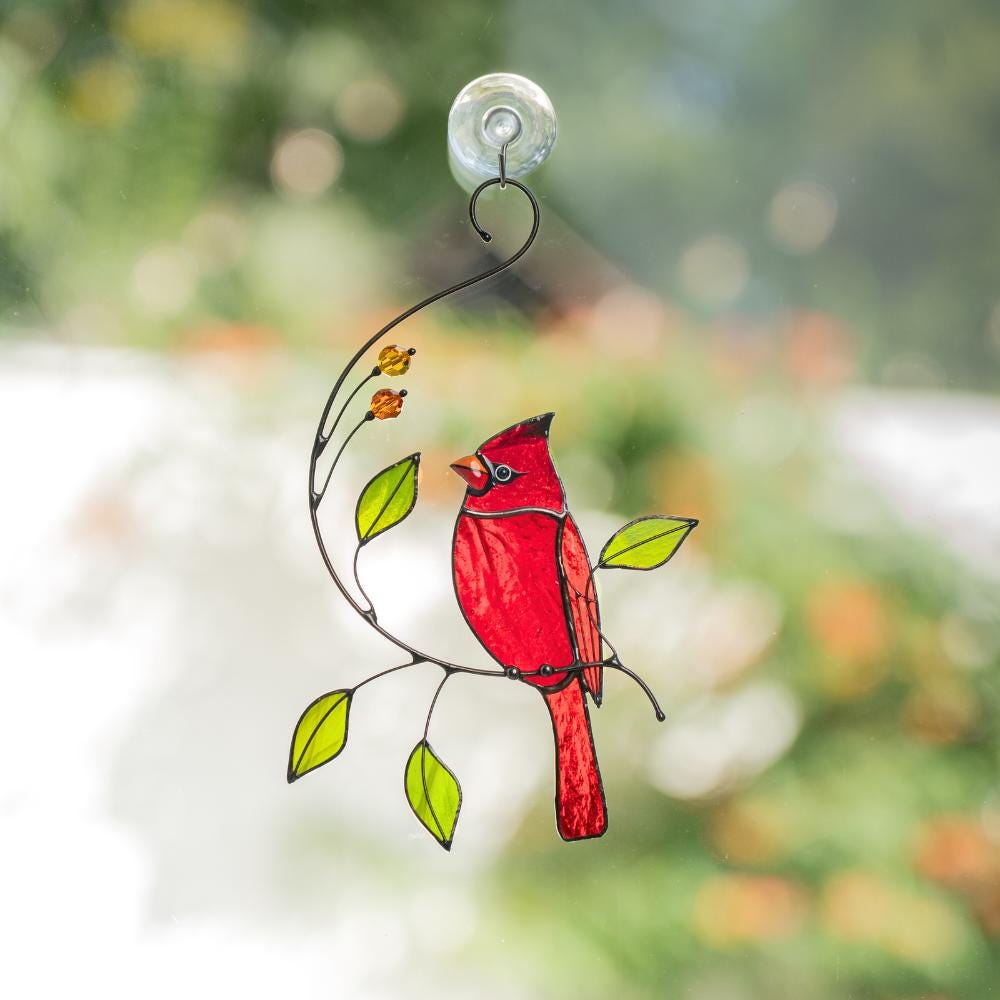 Cardinal stained glass bird Sympathy gifts for loss of father Cardinal ornament stained glass window hangings Godfather gift