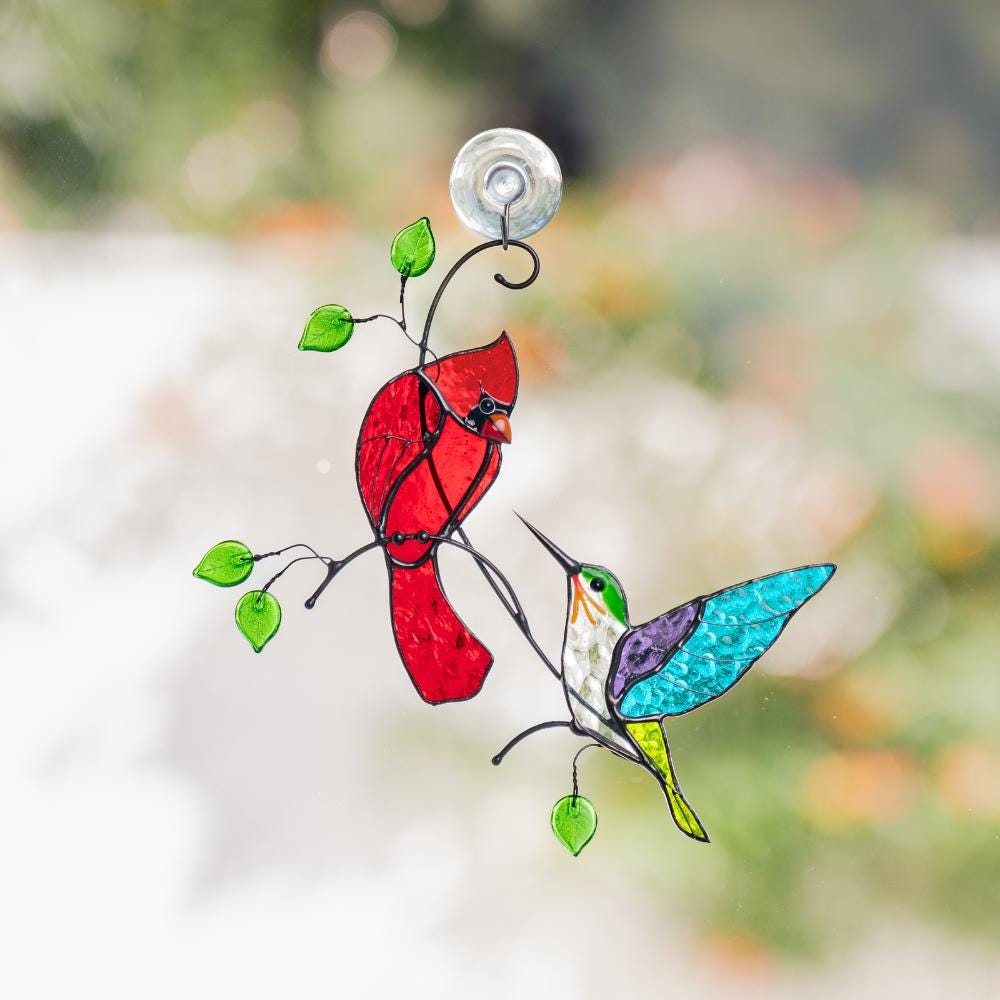 Cardinal stained glass window hangings Grandparent gifts Hummingbird ornament Custom stained glass sun catcher Cardinal ornament