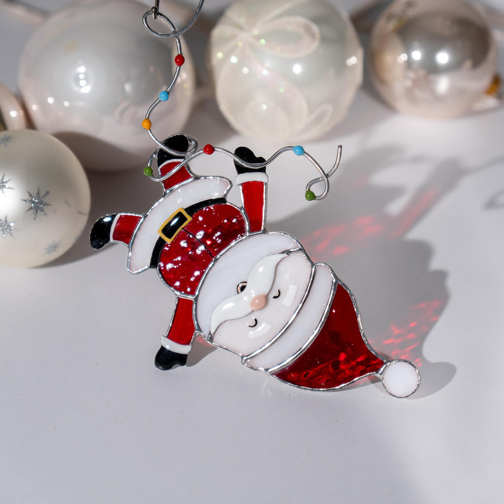 Santa ornament stained glass suncatcher Grandpa gift Secret Santa gifts stained glass window hangings Winter decor Christmas artwork