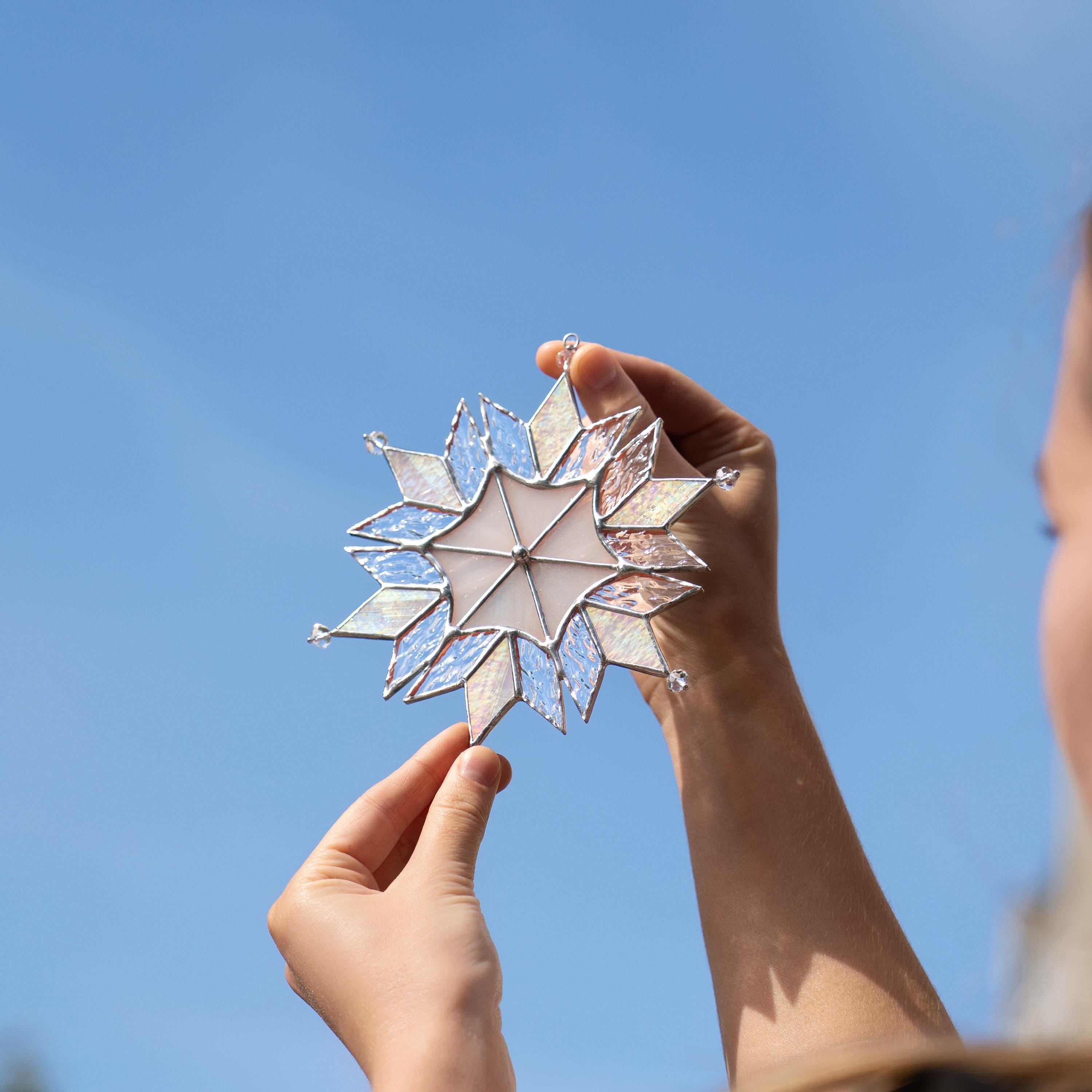 Stained glass winter decor Snowflakes stained glass sun catchers Holiday hosting decor Handmade Christmas gift Christmas crystal suncatcher
