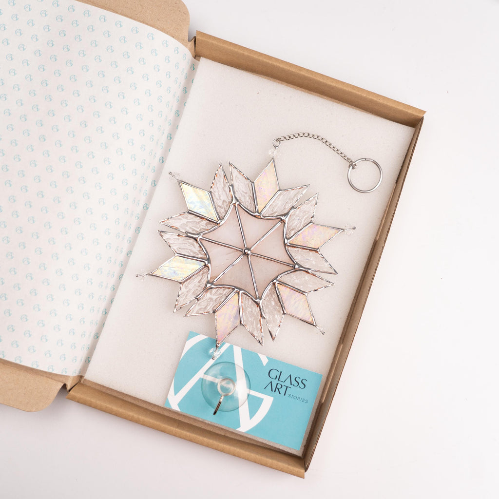 Custom stained glass ornament Holiday hosting decor Stained glass snowflake suncatcher Modern stained glass window hangings