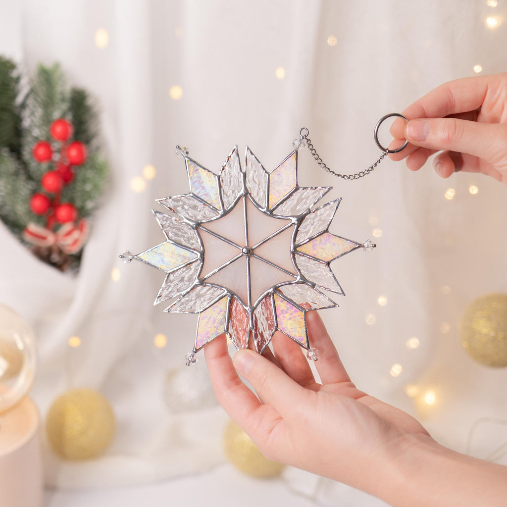 Custom stained glass ornament Holiday hosting decor Stained glass snowflake suncatcher Modern stained glass window hangings
