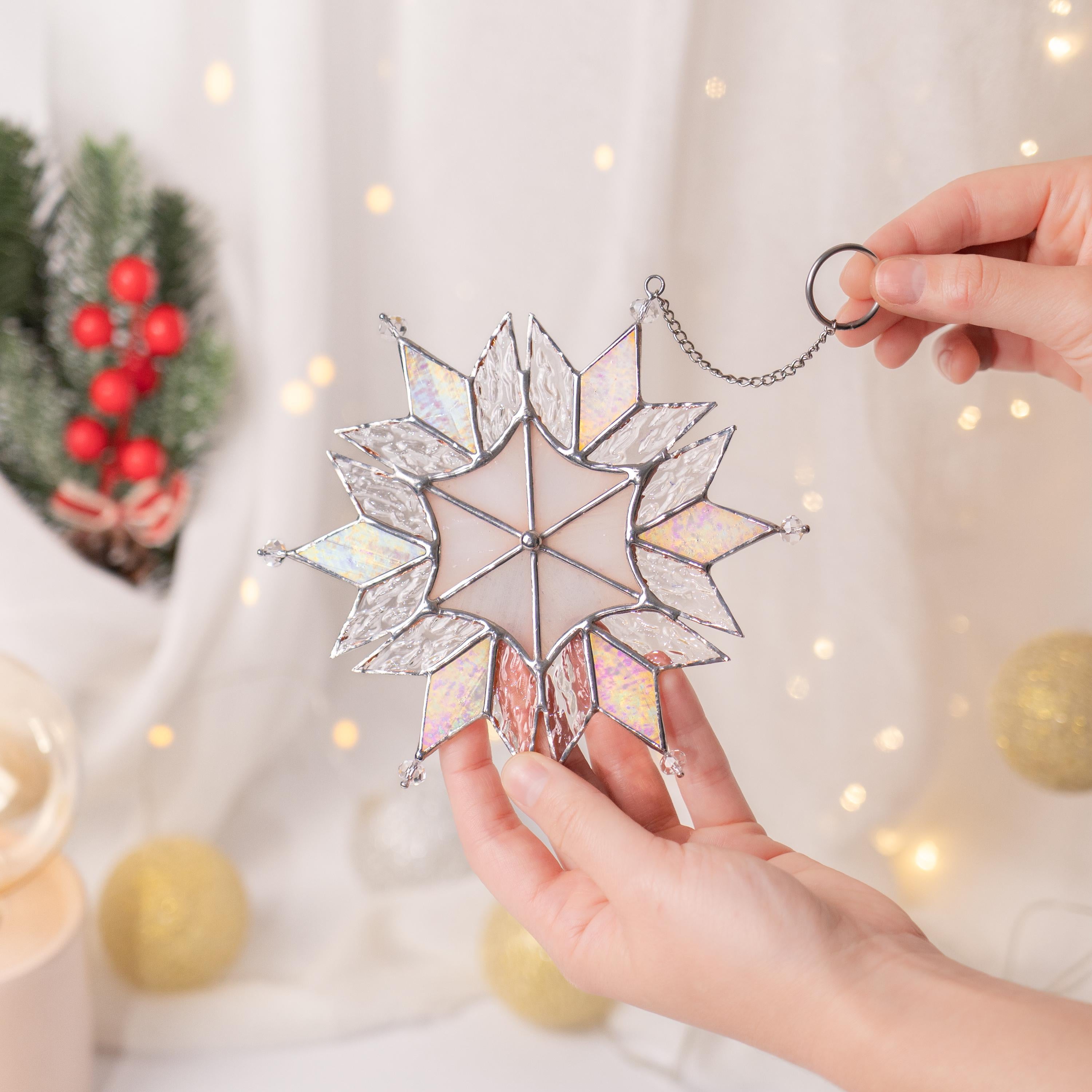 Stained glass winter decor Snowflakes stained glass sun catchers Holiday hosting decor Handmade Christmas gift Christmas crystal suncatcher
