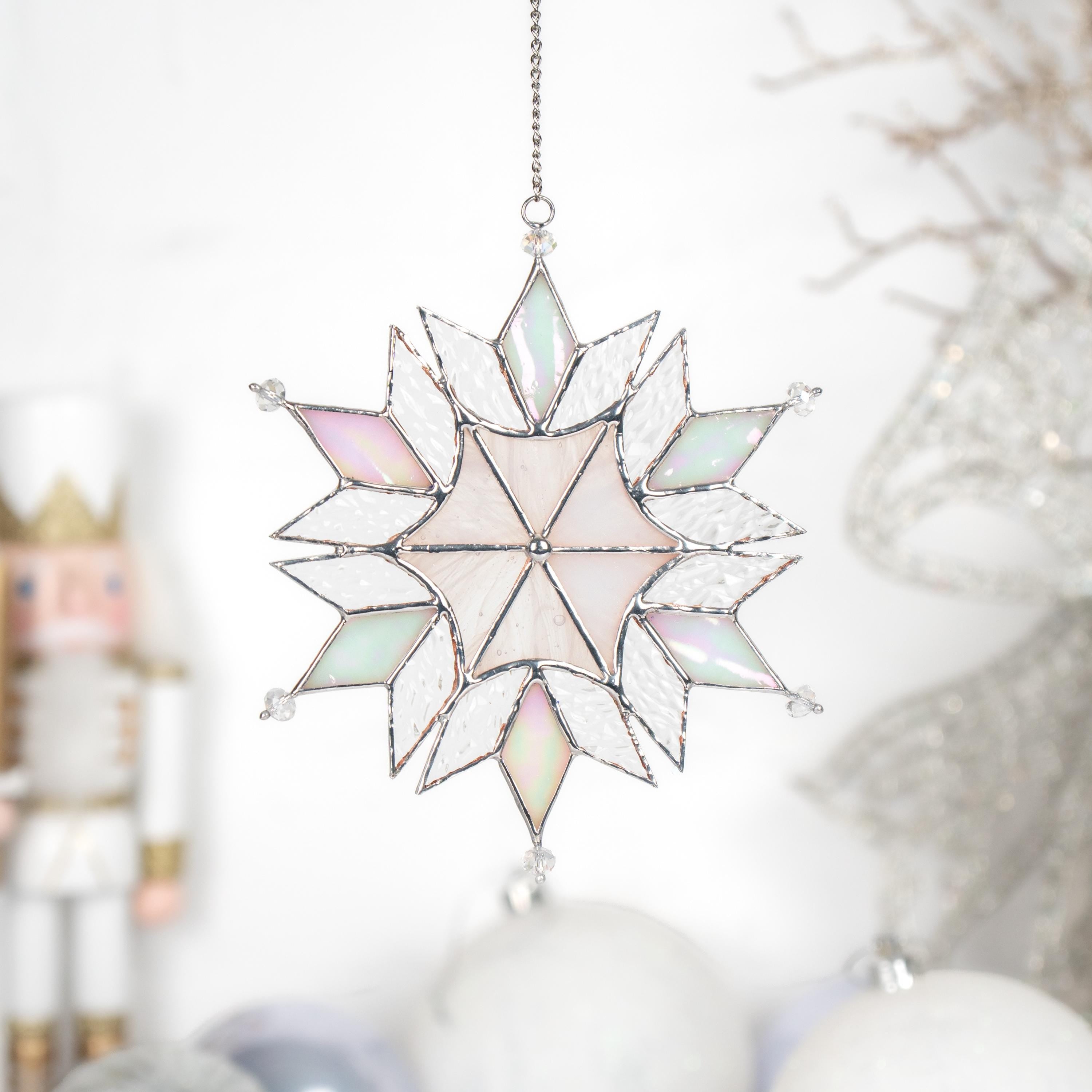 Custom stained glass ornament Holiday hosting decor Stained glass snowflake suncatcher Modern stained glass window hangings