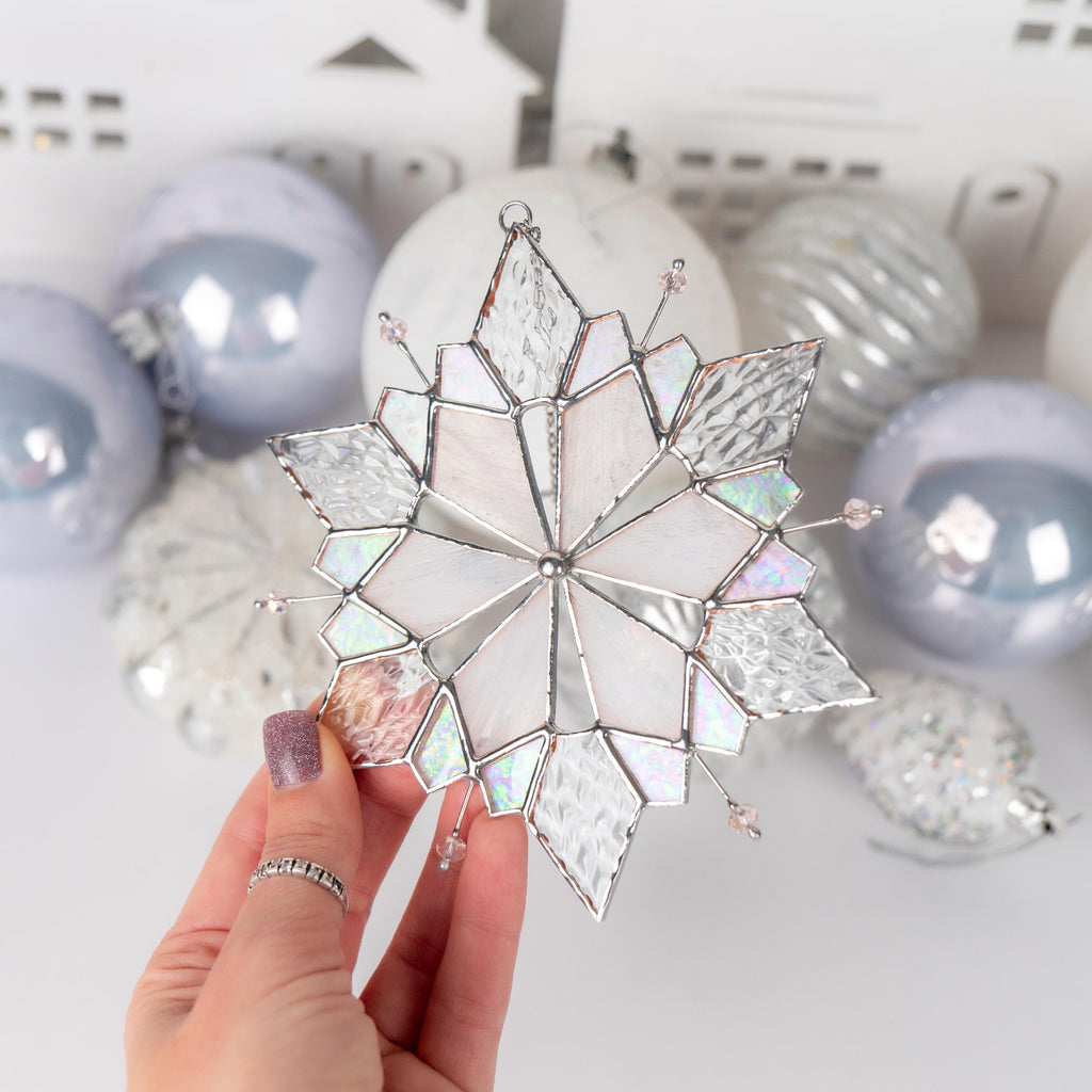 Stained glass ornament Snowflake suncatcher Christmas gift Custom stained glass window hangings Holiday hosting decor
