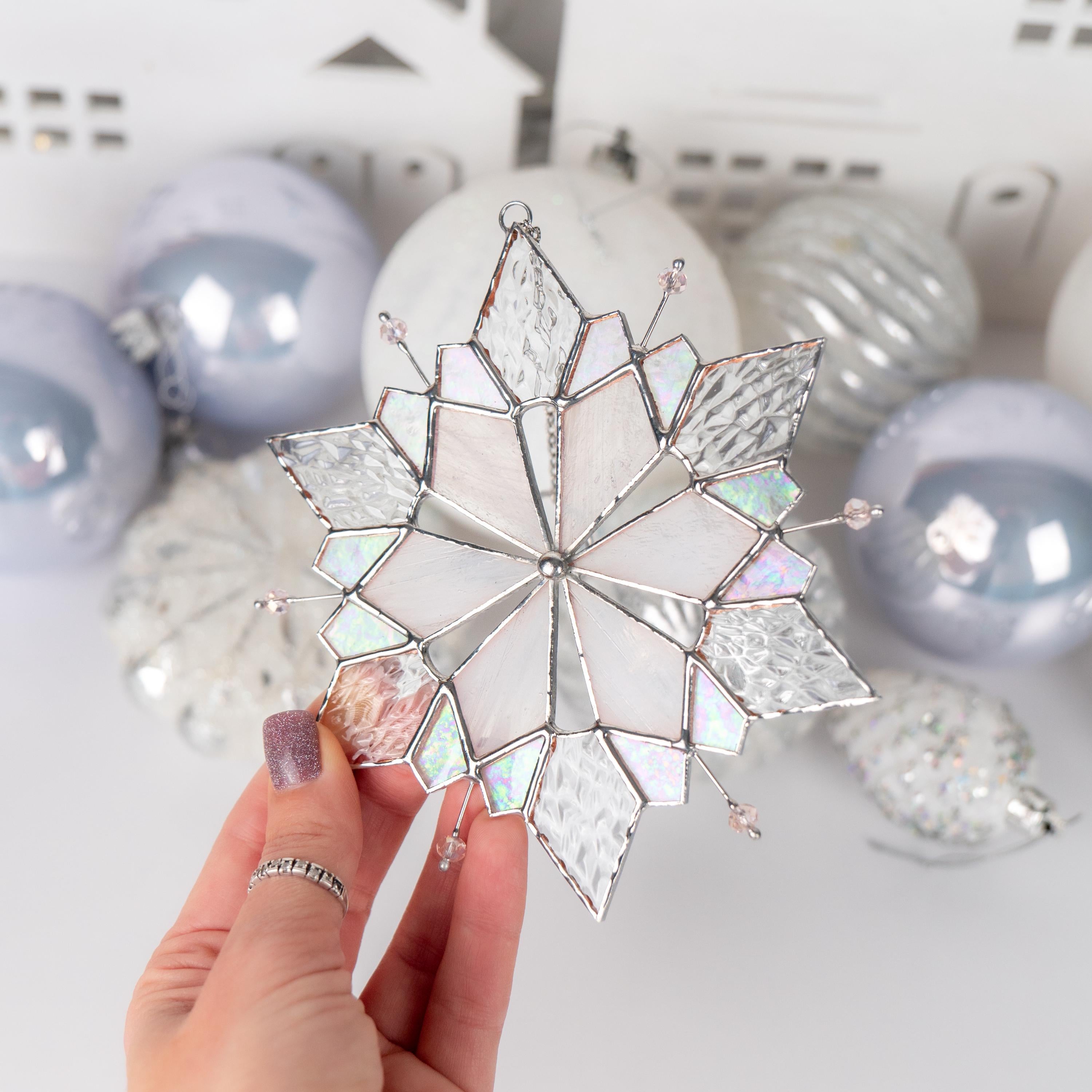 Stained glass ornament Snowflake suncatcher Christmas gift Custom stained glass window hangings Holiday hosting decor