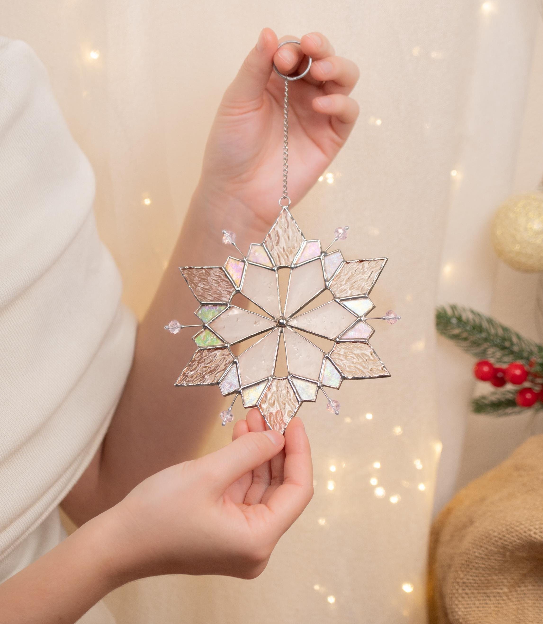 Stained glass ornament Snowflake suncatcher Christmas gift Custom stained glass window hangings Holiday hosting decor