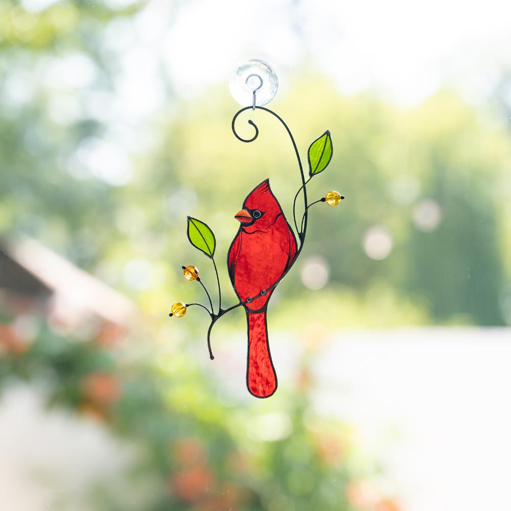 Cardinal ornament stained glass window hangings In memory gifts Bird art stained glass suncatcher Sister in law gifts Hanging suncatcher