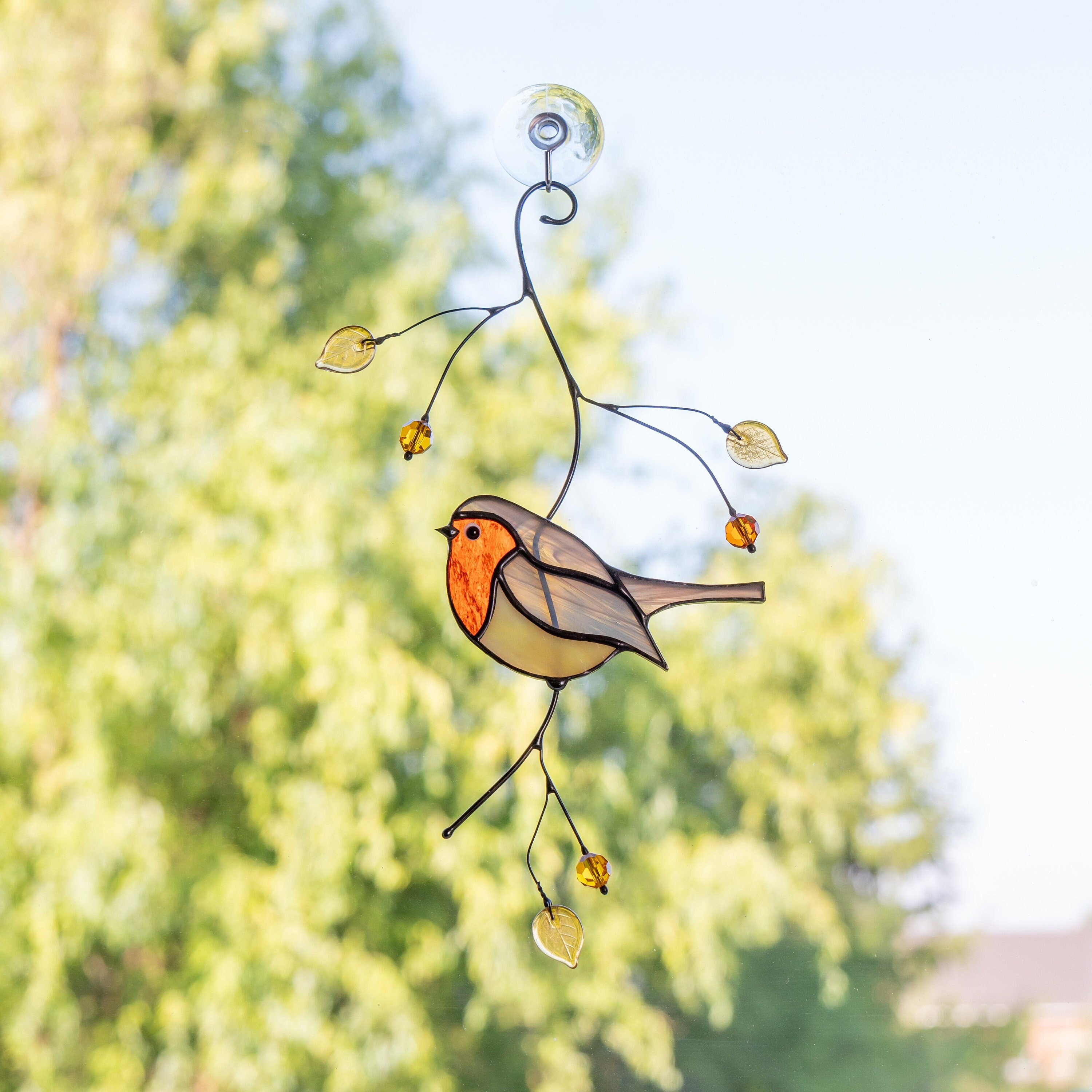 Modern stained glass window hangings Mothers day gift Robin bird Stained glass bird suncatcher House warming gifts new home
