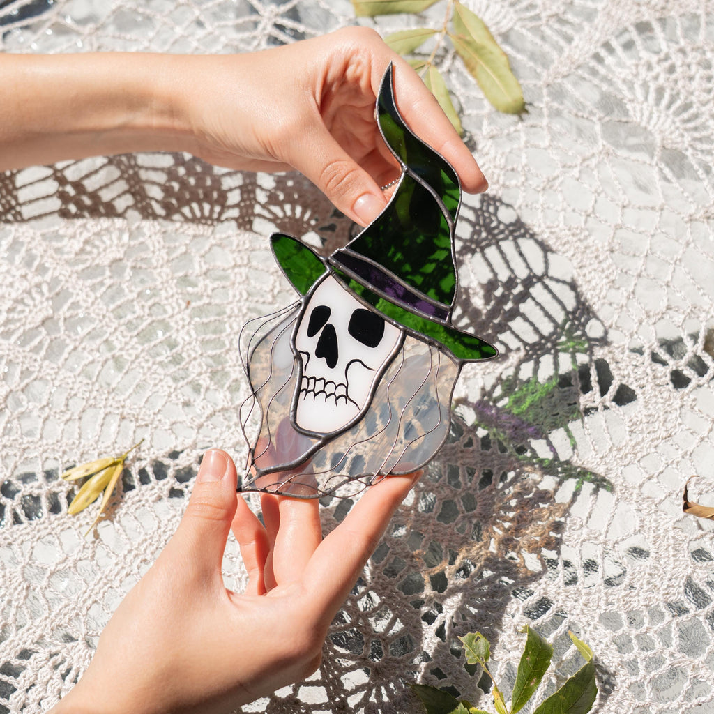Witch stained glass sun catcher Halloween decor indoor Witch gifts stained glass window hangings Hex Halloween suncatcher