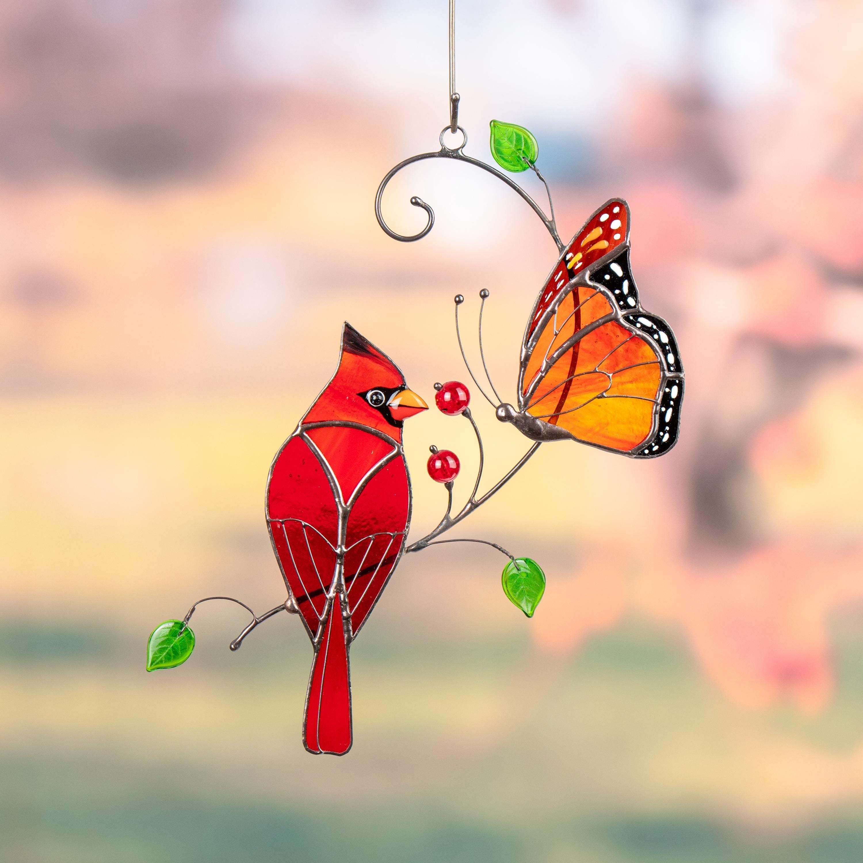 Cardinal stained glass memorial suncatcher Godmother gift Monarch butterfly stained glass window hangings Garden stakes New home gift