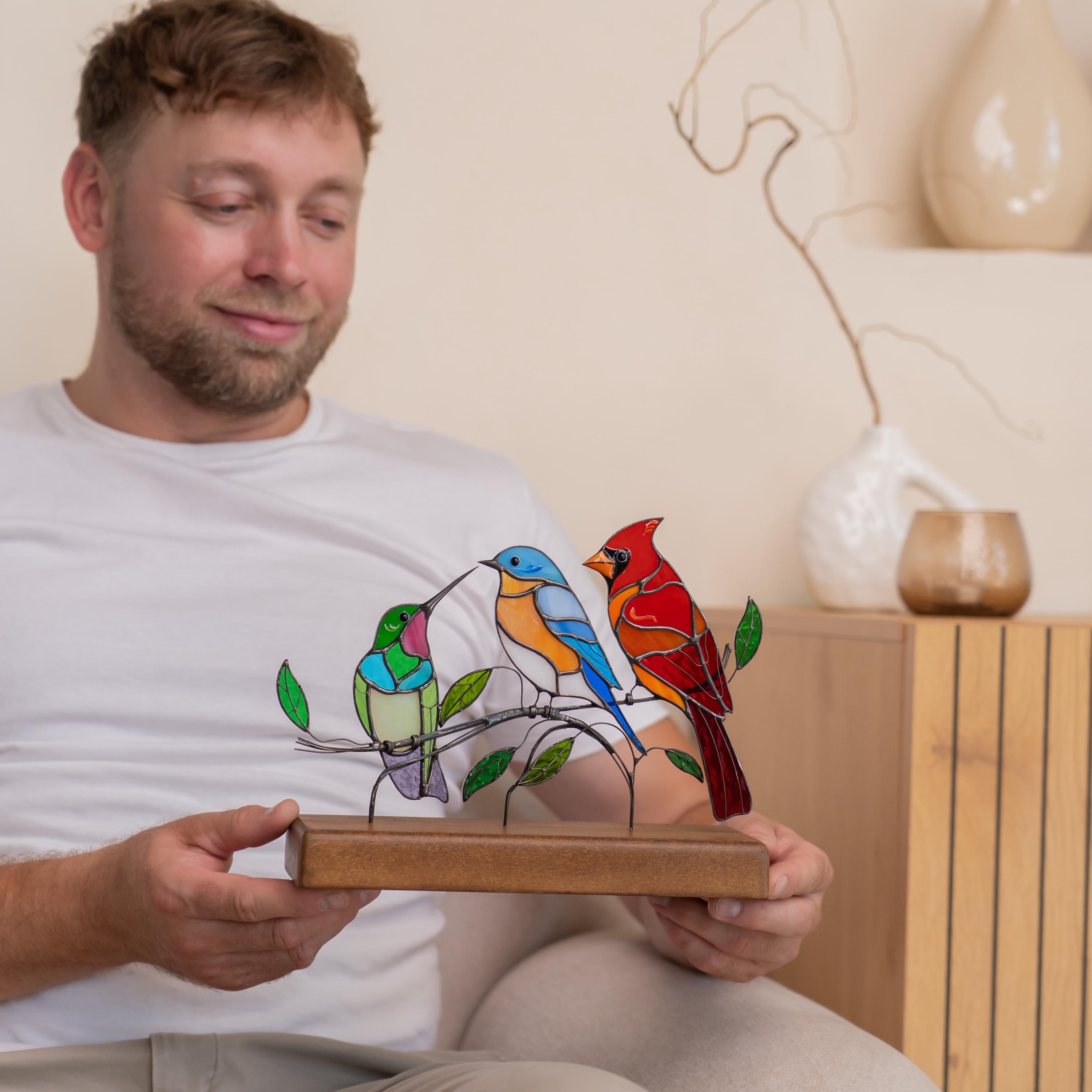 Stained glass birds Unique gift for mom Hummingbird ornament stained glass panel Cardinal gifts Bluebird Modern farmhouse decor