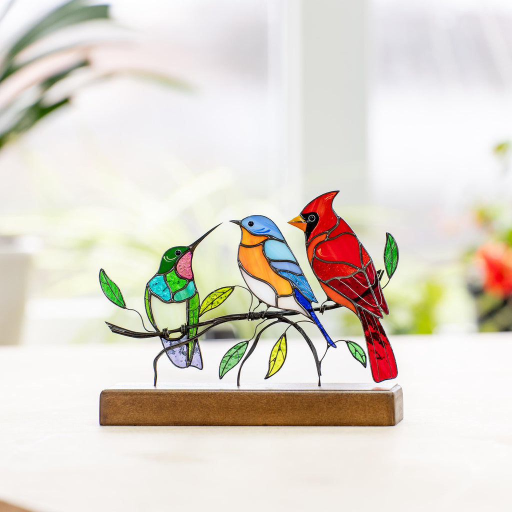 Stained glass birds Unique gift for mom Hummingbird ornament stained glass panel Cardinal gifts Bluebird Modern farmhouse decor