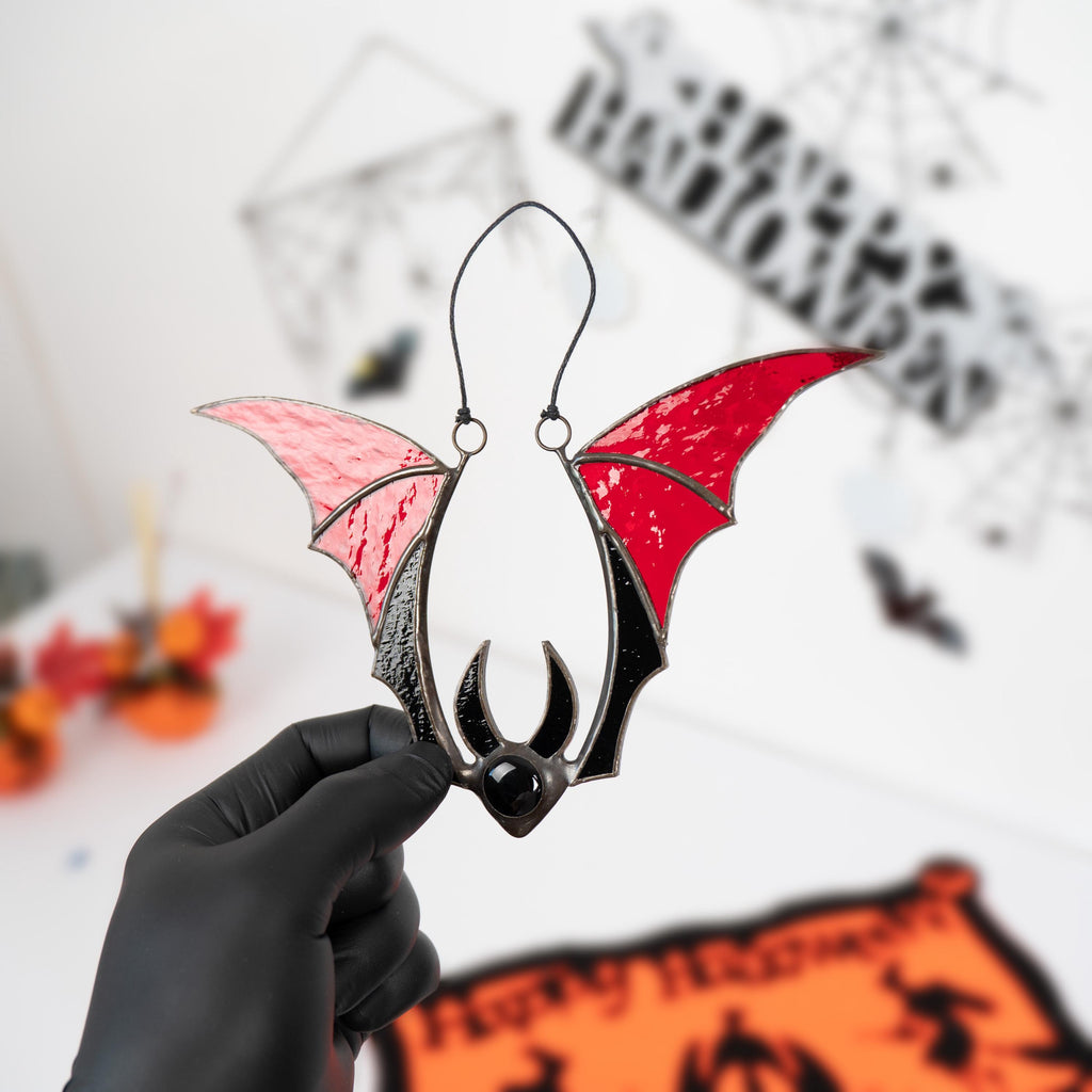 Bat stained glass window hangings Whimsigoth decor Stained glass Halloween suncatcher Bat wings Halloween decor indoor