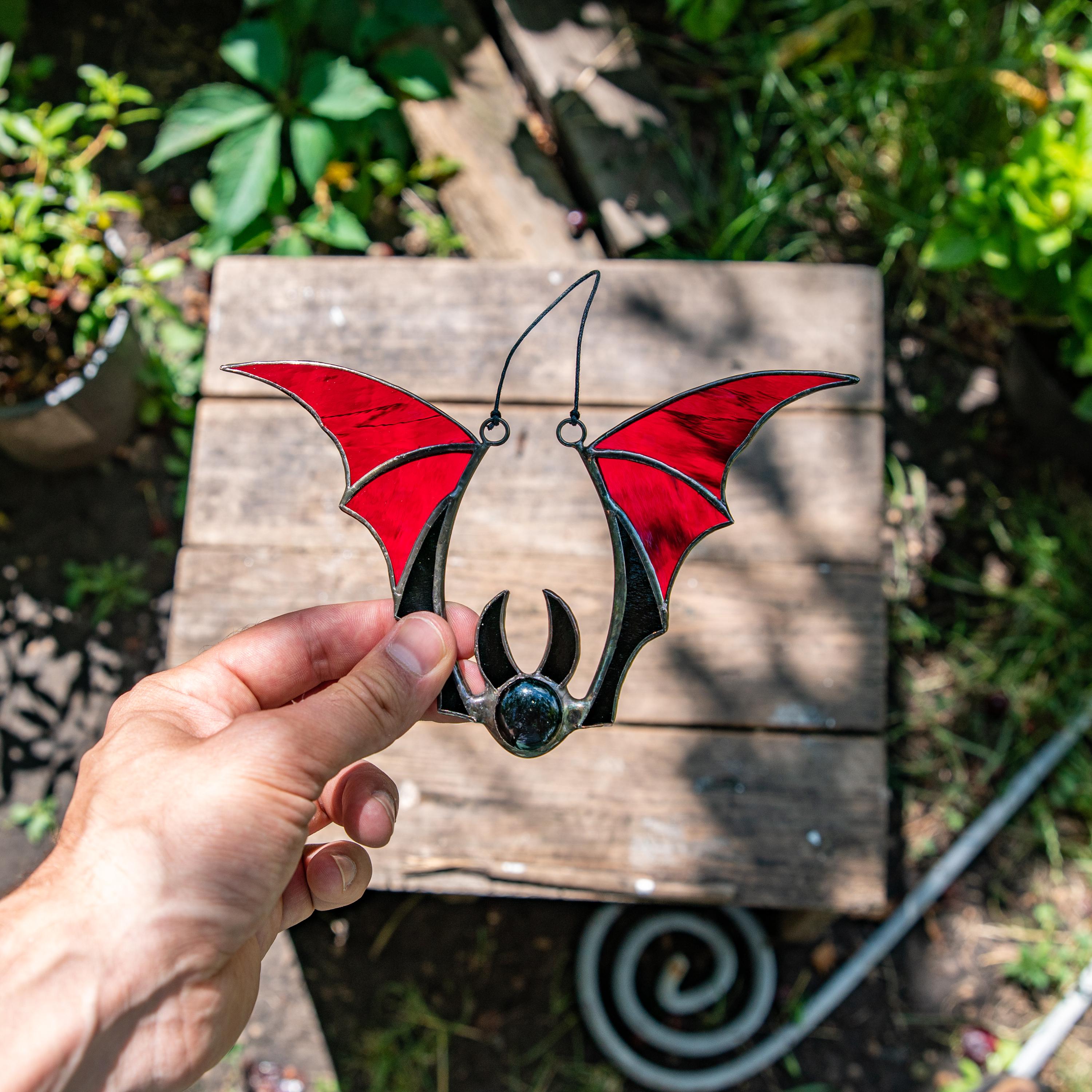 Bat stained glass window hangings Whimsigoth decor Stained glass Halloween suncatcher Bat wings Halloween decor indoor