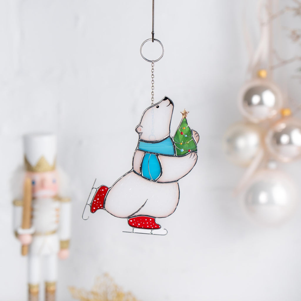 Glass Christmas ornaments stained glass window hangings Bear stained glass suncatcher Holiday hosting decor Polar bear Daughter in law gift