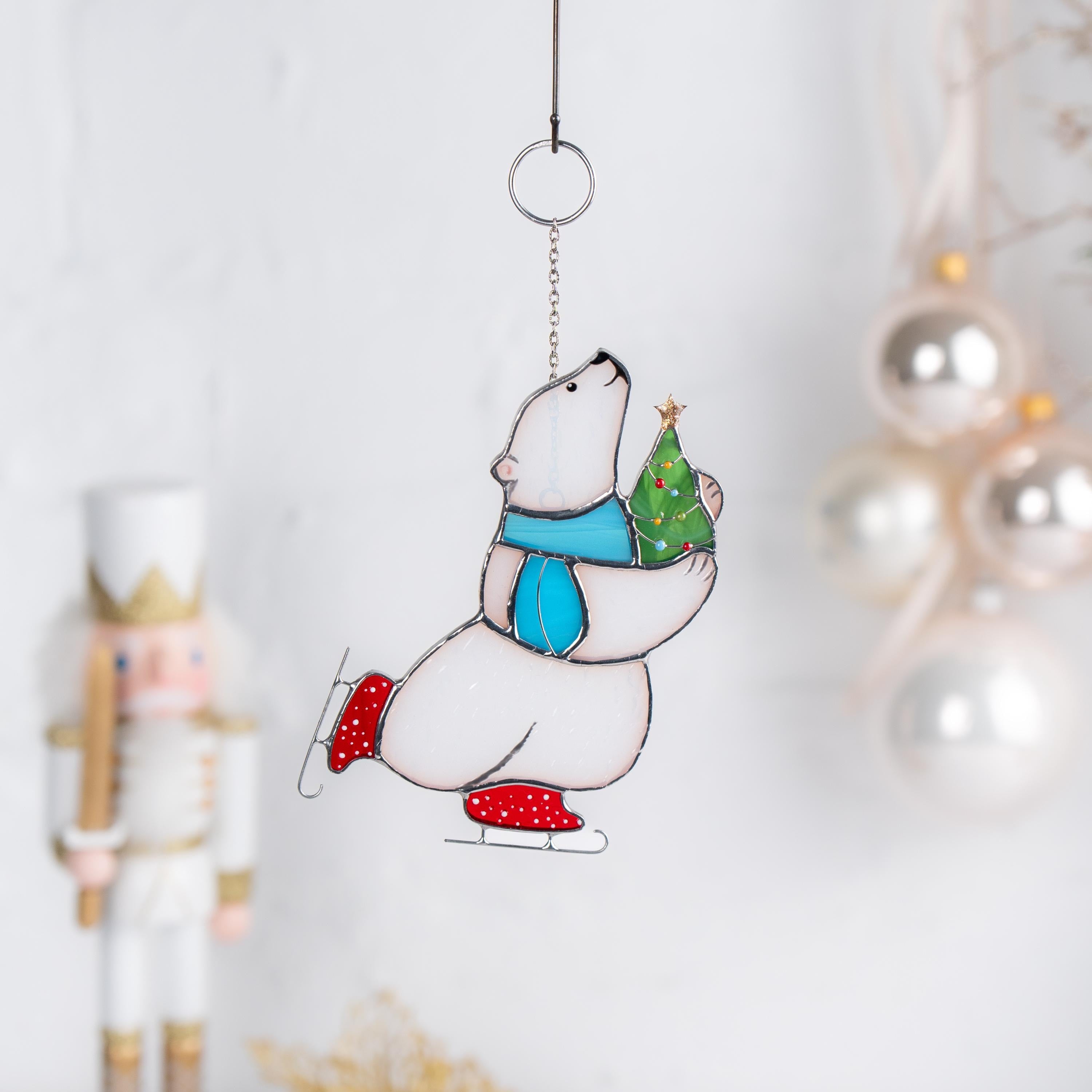 Glass Christmas ornaments stained glass window hangings Bear stained glass suncatcher Holiday hosting decor Polar bear Daughter in law gift
