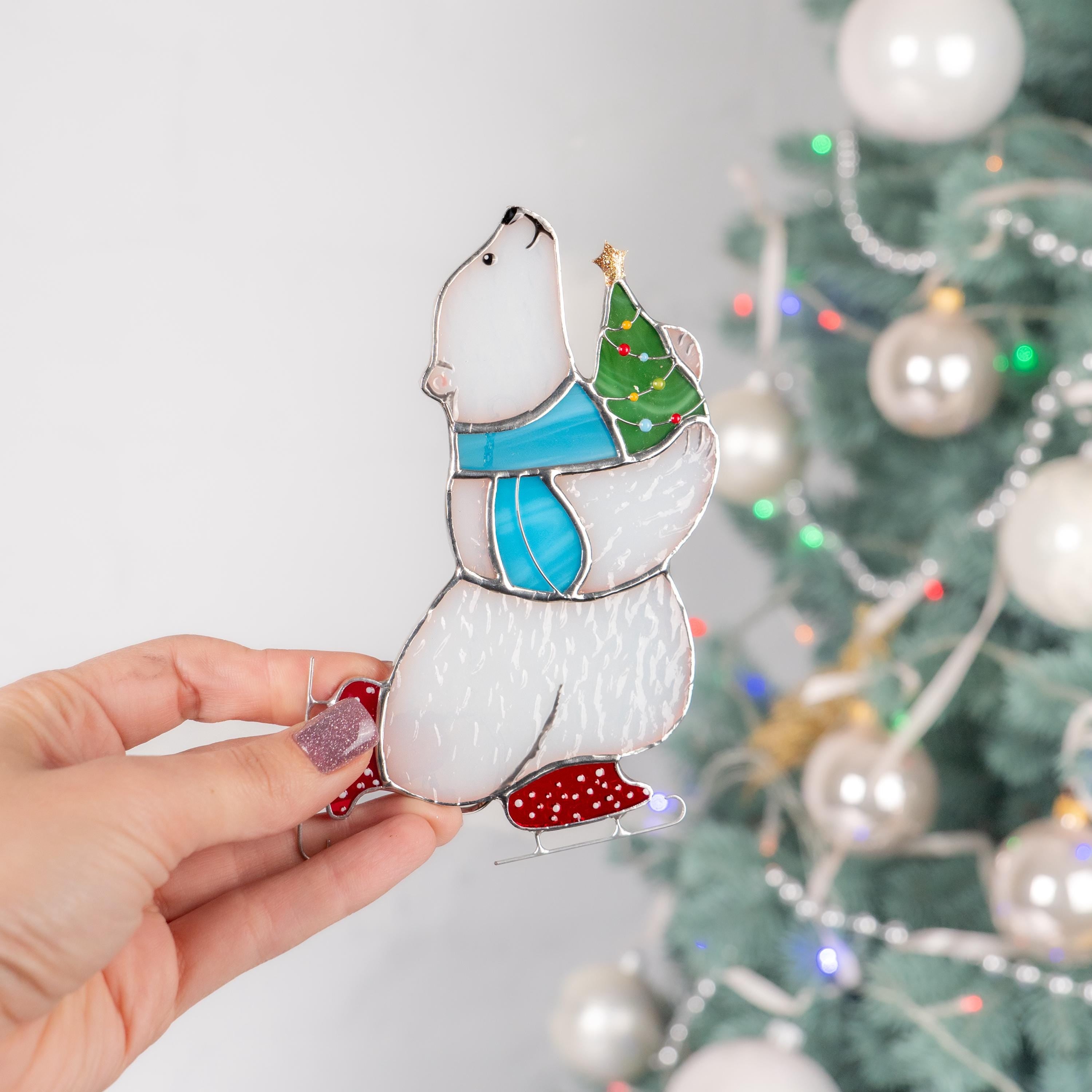 Glass Christmas ornaments stained glass window hangings Bear stained glass suncatcher Holiday hosting decor Polar bear Daughter in law gift