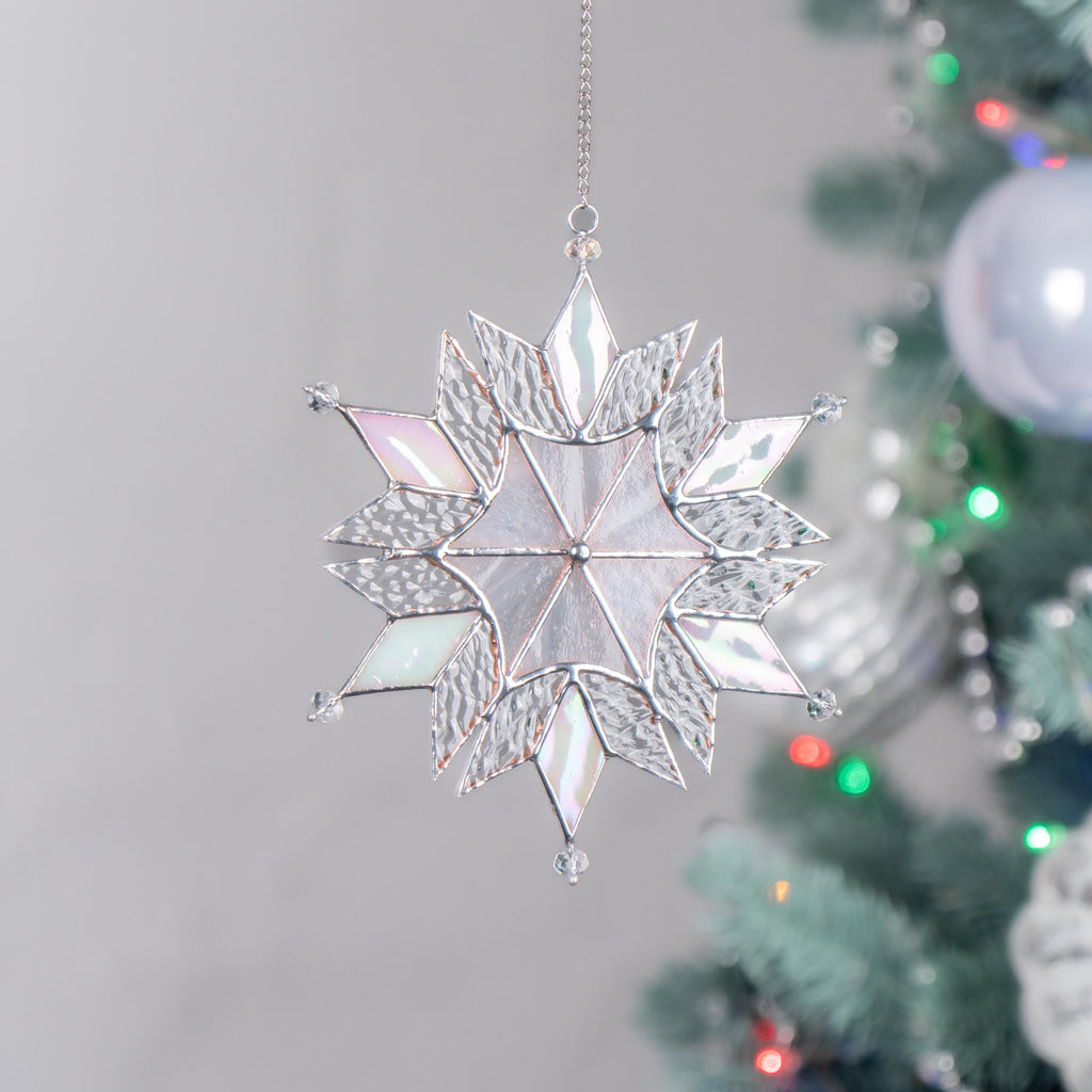 Stained glass winter decor Snowflakes stained glass sun catchers Holiday hosting decor Handmade Christmas gift Christmas crystal suncatcher