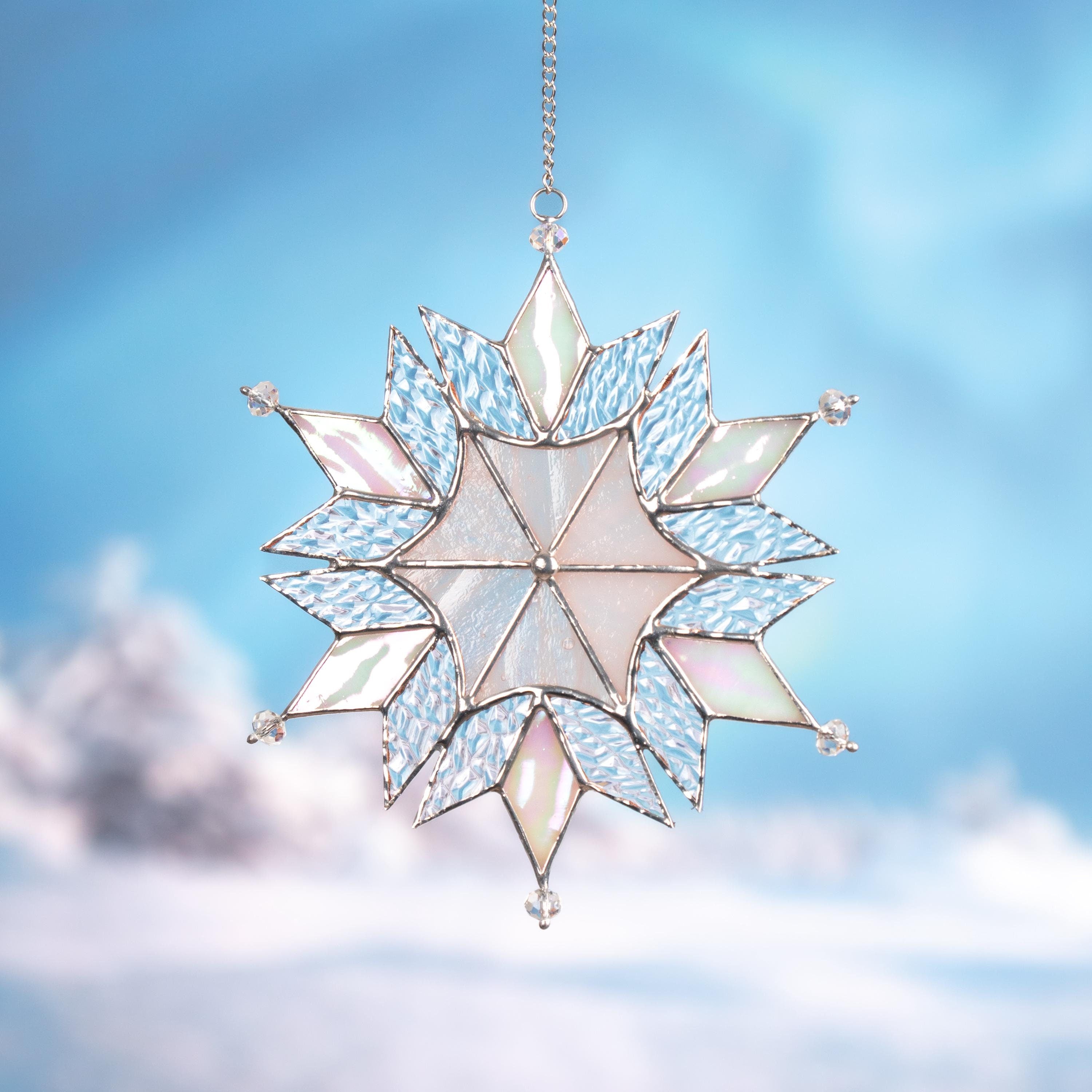 Stained glass winter decor Snowflakes stained glass sun catchers Holiday hosting decor Handmade Christmas gift Christmas crystal suncatcher