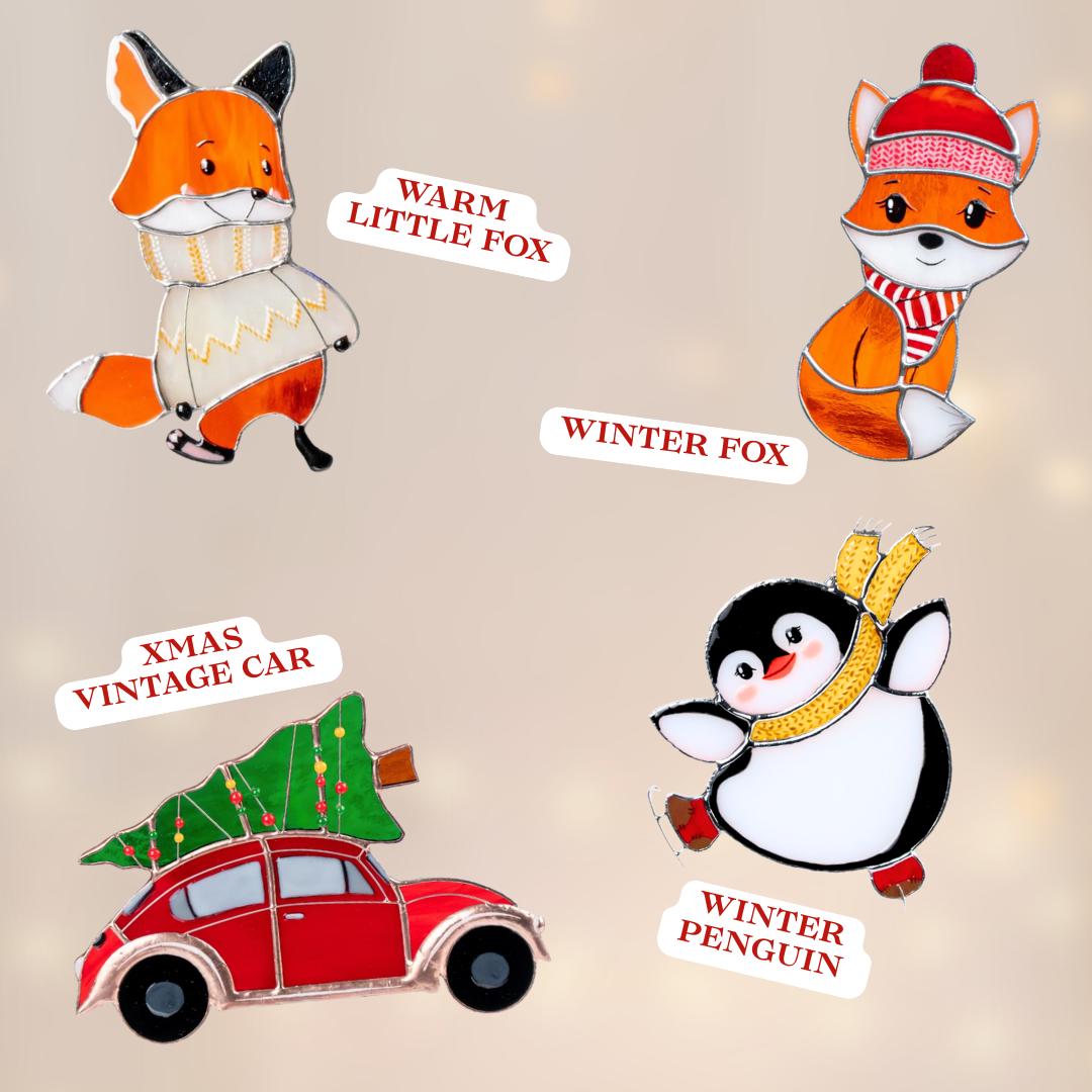 Fox gifts stained glass window hangings Christmas gifts mom Fox stained glass suncatcher Holiday hosting decor Fox family tree ornament