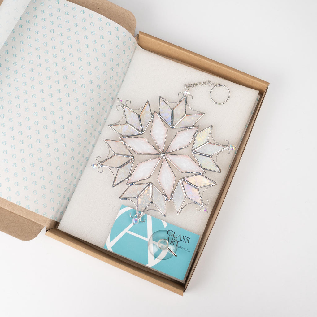 Snowflake stained glass ornament Mom Christmas Gift Snowflakes stained glass window hangings Winter art Stained glass crystal suncatcher