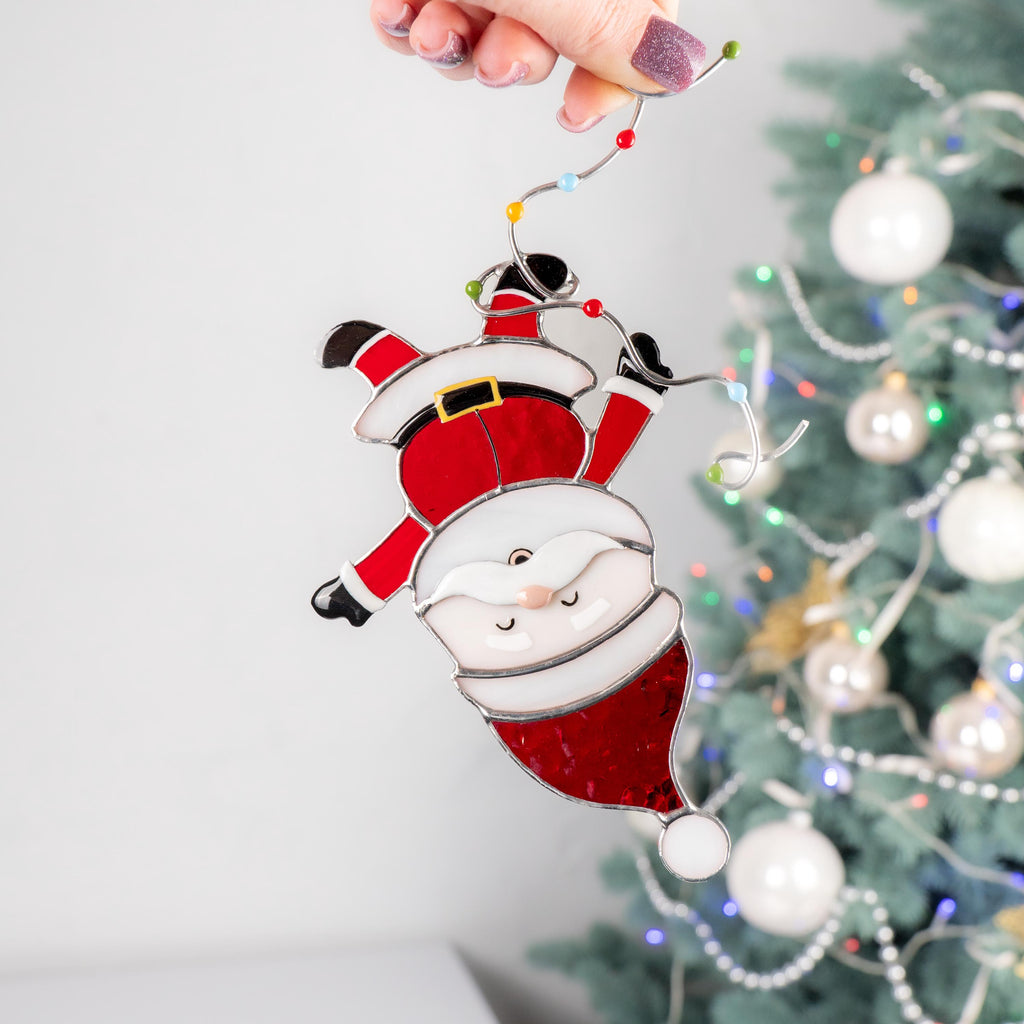 Santa ornament stained glass suncatcher Grandpa gift Secret Santa gifts stained glass window hangings Winter decor Christmas artwork
