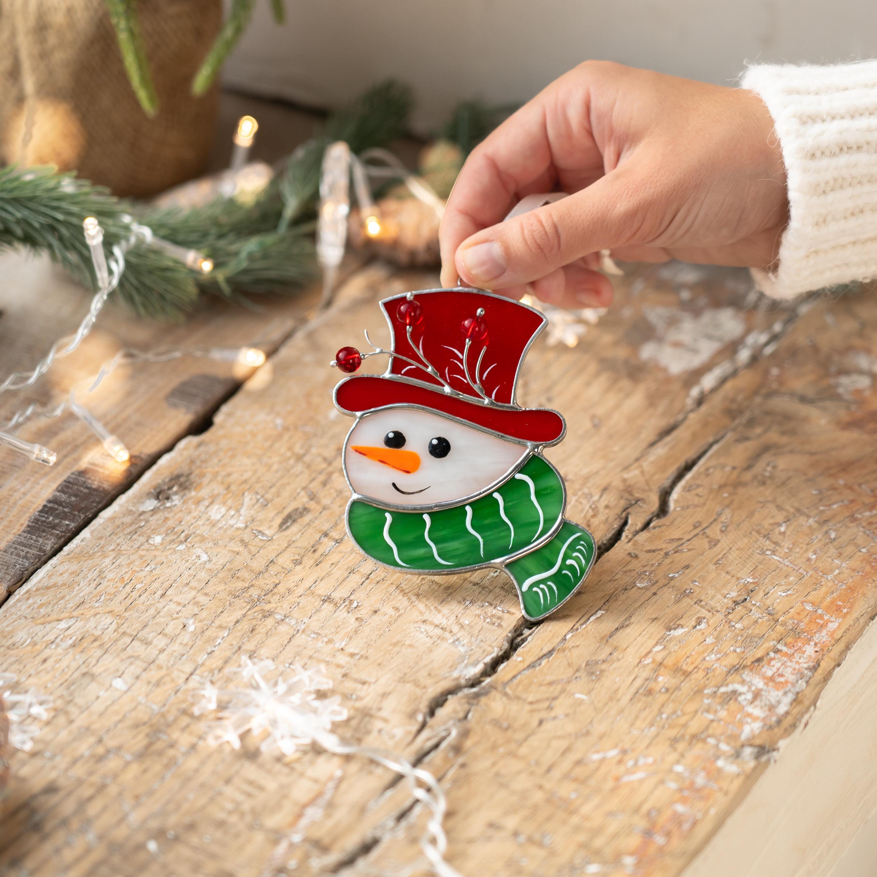 Snowman stained glass sun catcher Christmas Gifts for Mom Snowmen stained glass window hangings Unique Christmas ornaments Goddaughter gift