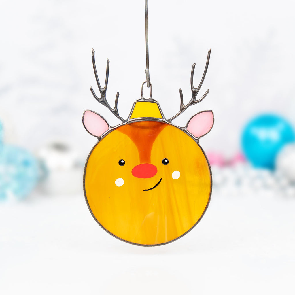 Christmas balls stained glass window hangings Unique holiday gift Reindeer stained glass suncatcher Christmas tree ornaments