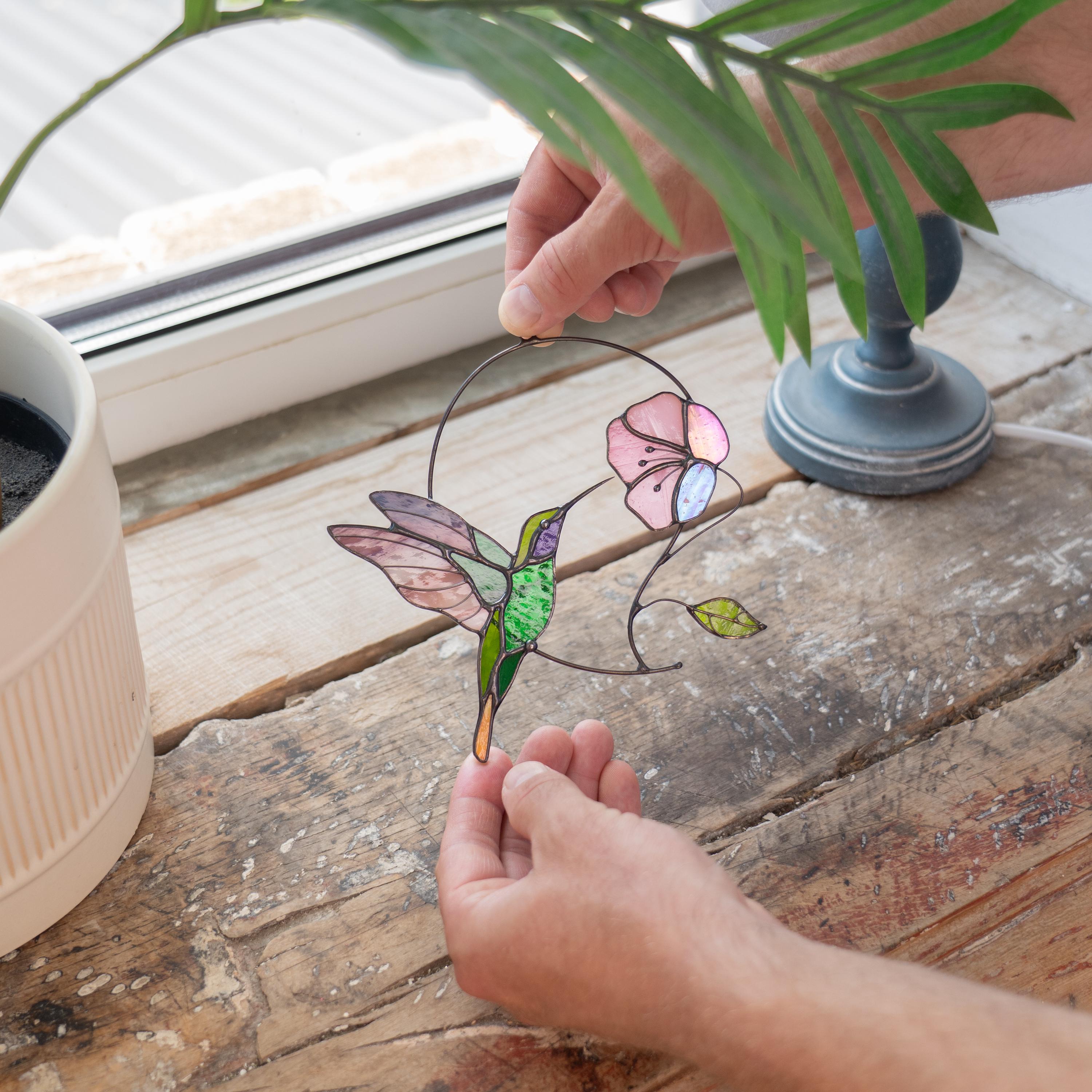 Hummingbird stained glass window hangings Gifts for mom from daughter Home decor items aesthetic Hummingbird ornament Bird lover gifts