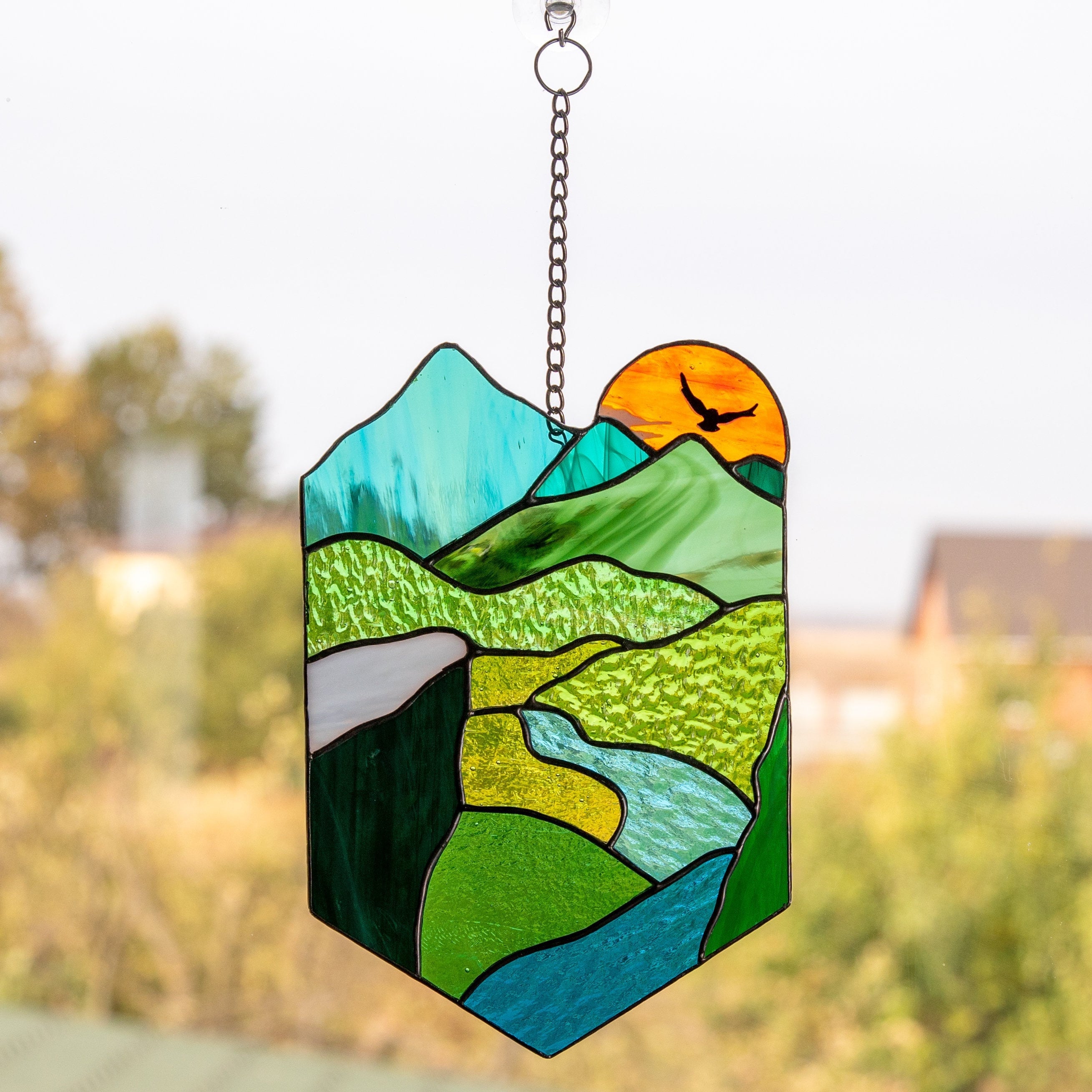 Stained glass sunset Grandparent gifts Custom stained glass window hangings New mom gift Sunset artwork Stained glass panel