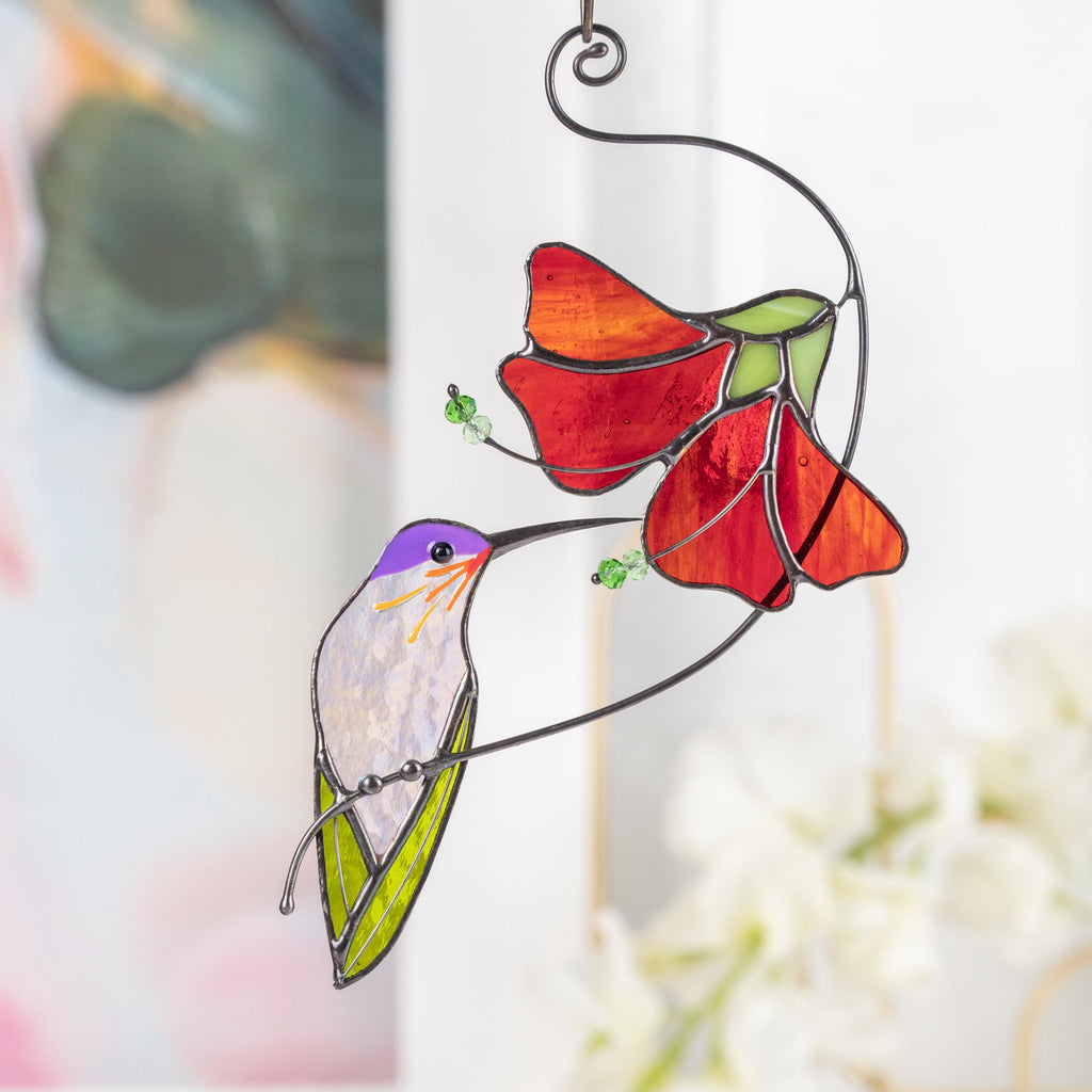 Hummingbird stained glass sun catcher Grandma gifts Flower stained glass window hangings Gift for dad