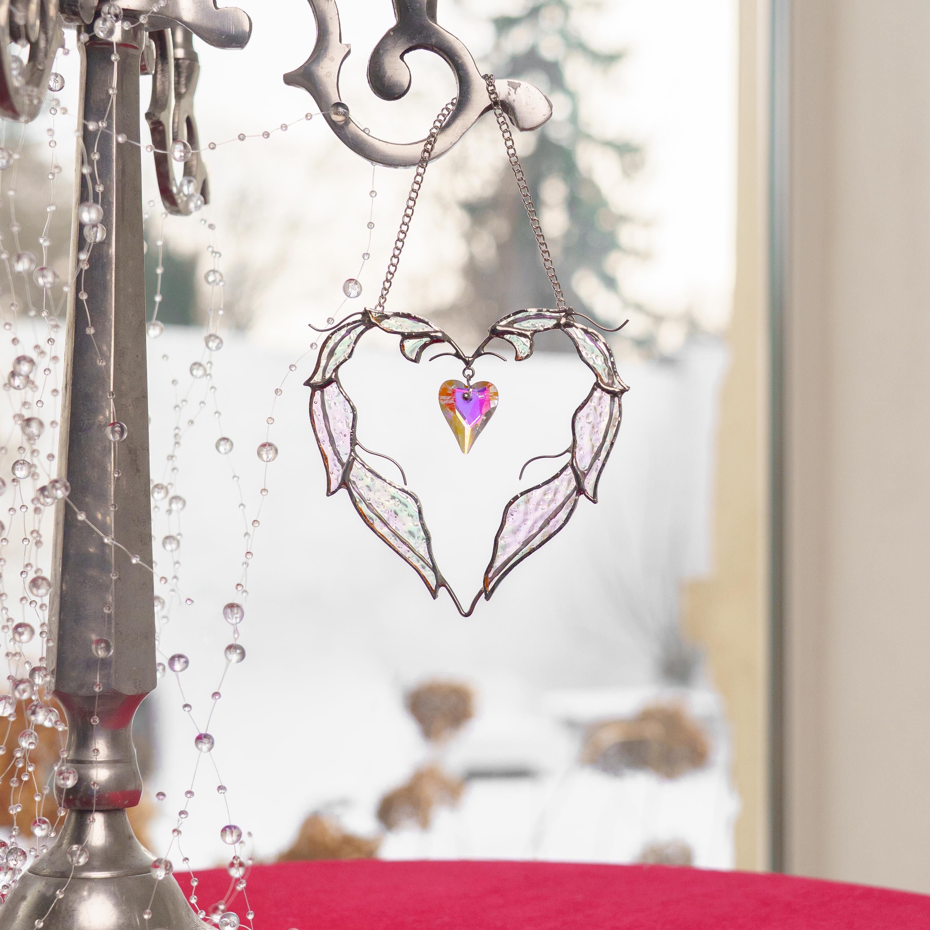 Stained glass suncatcher crystal Mother in law wedding gift Angel wings stained glass window hangings Bridal shower gift Heart ornament